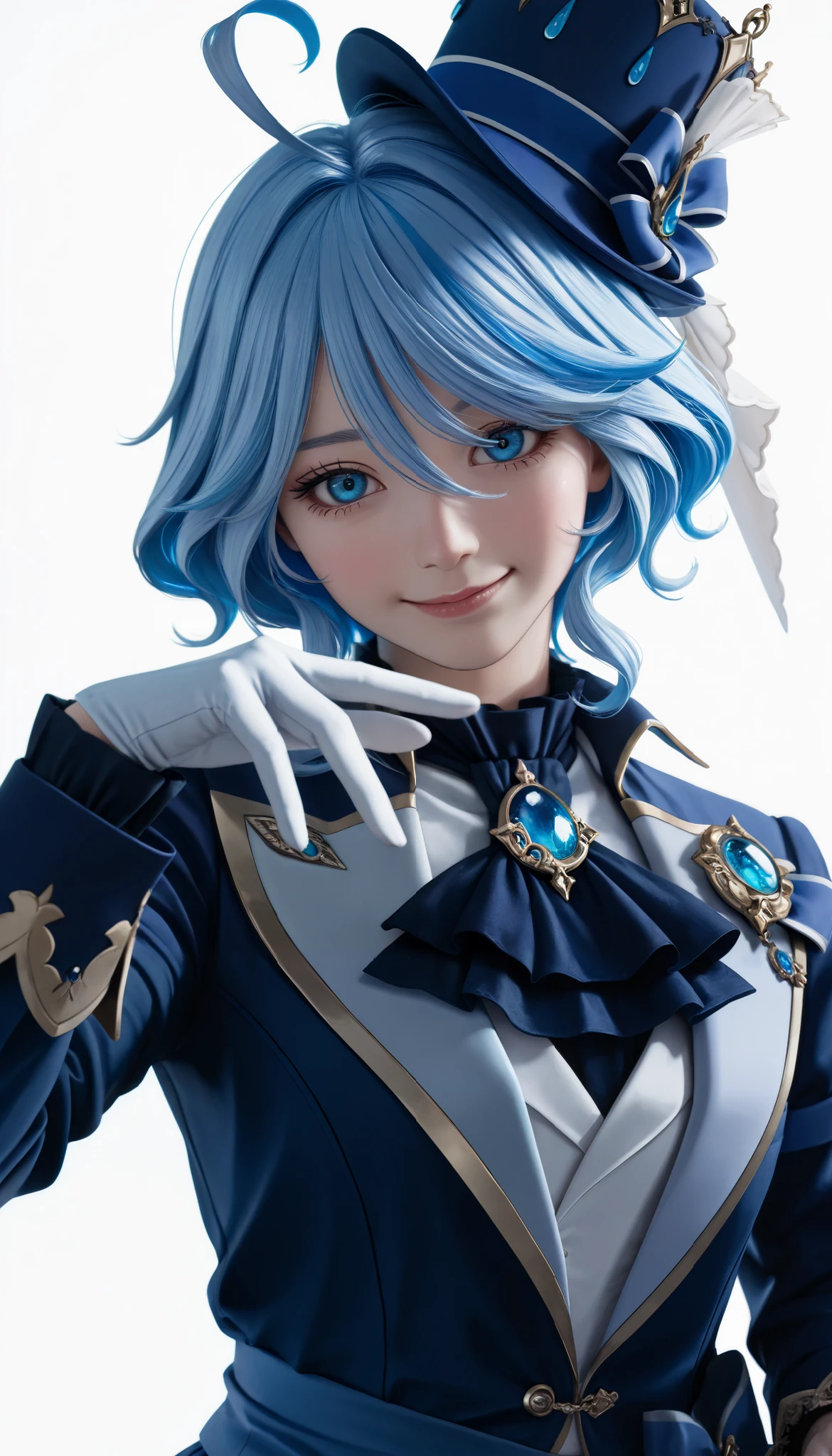 (photography, best quality), photorealistic, RAW, best score, best anatomy, ultra deitailed, amazing quality, very aesthetic_anime_absurdres, highres, 2024, newest, HDR, 8K, high detail RAW color Photo, high contrast, portrait, (close up), large pupil, eyelashes, microtexture, rich in realistic textures, smile, furinadef, BLUE hair, ahoge, blue headwear, top hat, jacket, ascot, brooch, long sleeves, black gloves, white gloves, white shorts, ahoge, ((forced perspective)), ((minimalist white background)), looking at the viewer, funny pose