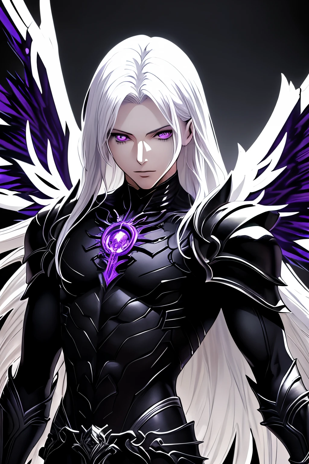 detailed eyes, detailed face, muscular, (solo male), half body of a male anime character, (Long white hair), (bright Purple eyes), (Black Scalera 1:1), (wearing Skeleton armor), (((black and white striped wings))), beautiful male god of death, archangel, cgi anime fantasy artwork, handsome guy in kingdom hearts art, male anime character, detailed digital anime art, detailed anime character art, badass anime, by Yang J, demon male, human male demon, son of sparda, Dynamic Lighting, Dark Shadows,