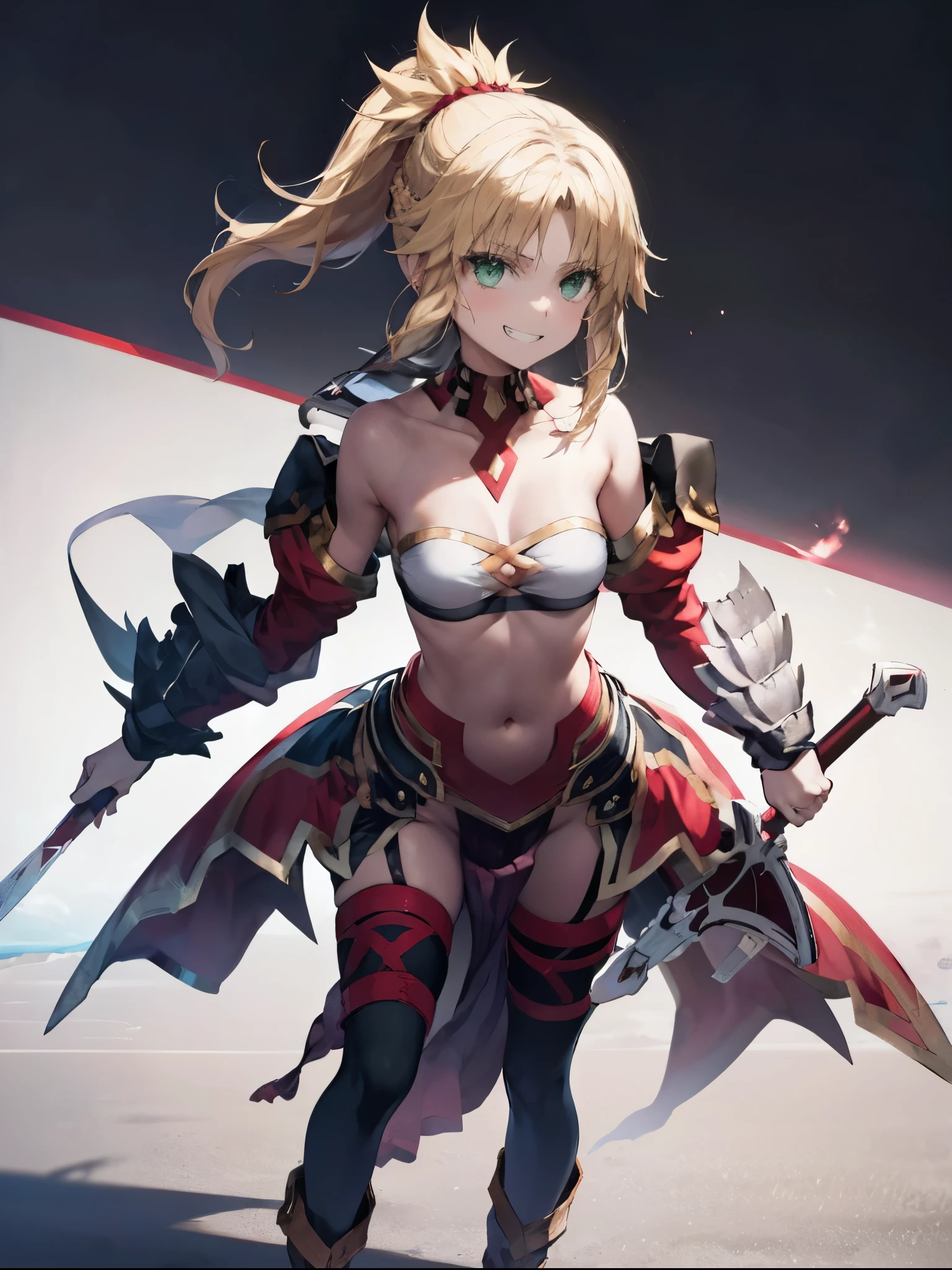 Artoria Pendragon (saber),Yellow theme,holdingsword,armor,exposing your navel,SakuraNS,Promotional poster style,((big breasts)1.2),exposing your navel,Sexy one-piece stockings,Happy look,Fleshy thighs, ((red armor))