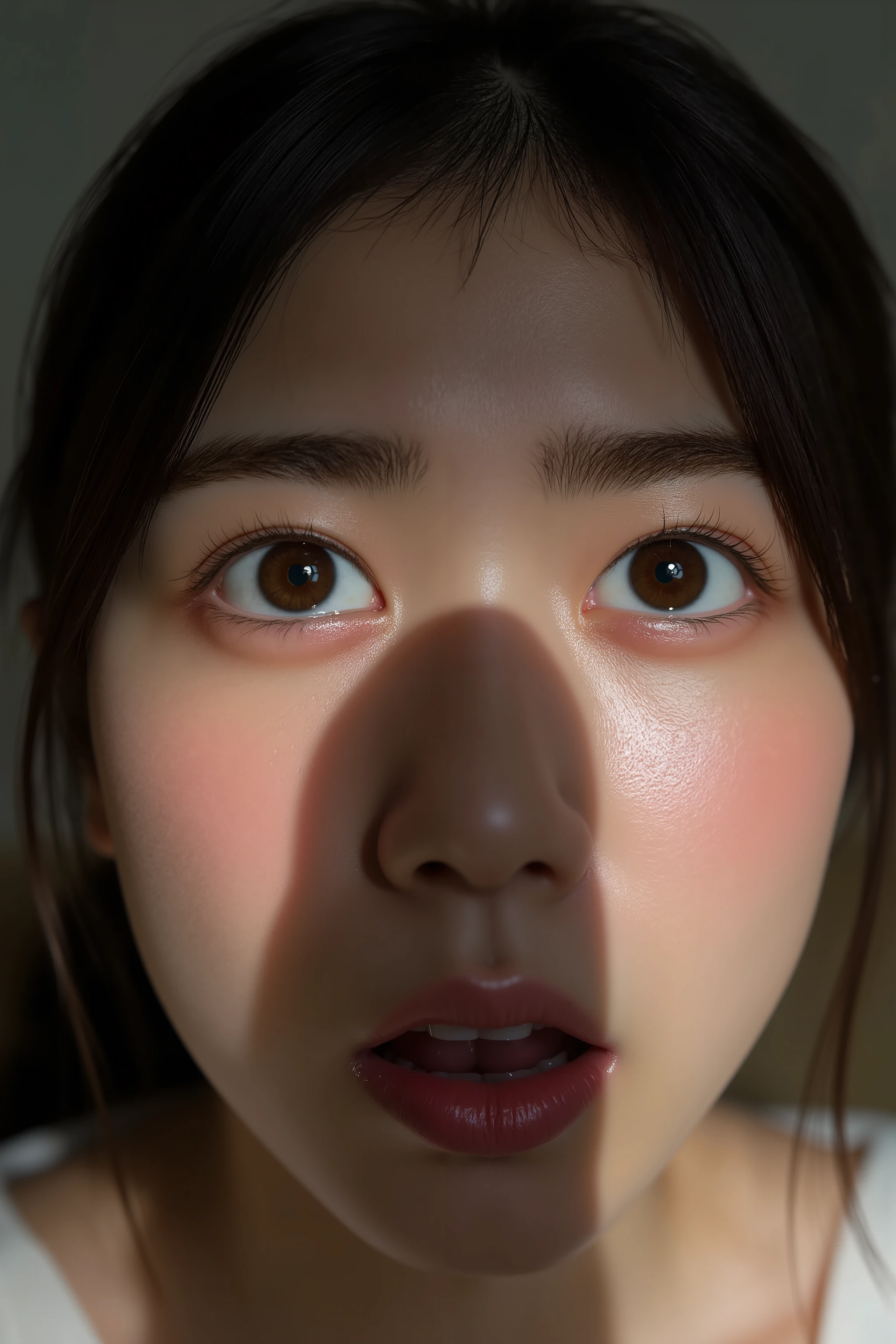A high resolution photograph of a Japanese young woman, photo-realistic, realistic, masterpiece, amazing quality, 8k, extremely detailed, intricate details, sharp focus, professional lighting, kneeling in front of the viewer, huge shadow of a penis over her face, she gazes up at the penis in awe, detailed face, detailed eyes, beautiful pupils, sophisticated nose, indoors,