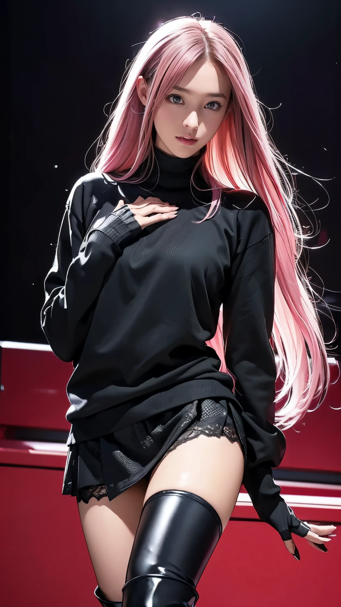 ( Masterpiece:1.2, top quality), ( exists, photo  exists:1.4), (Knee),  droopy eyes :1.5,  big round eyes,  very thin :1.5, Extremely thin thighs:1.5,  depth of the drawn border,   girl:1.5,  perfect face,  cute face, ( long hair,  pink hair with crotch), ((black turtle sweater,  black miniskirt , black boots , Lace Glove)), ( music studio,  live house), (Astonishment,  surprised expression), ((Please hold the Fender Stratocaster))