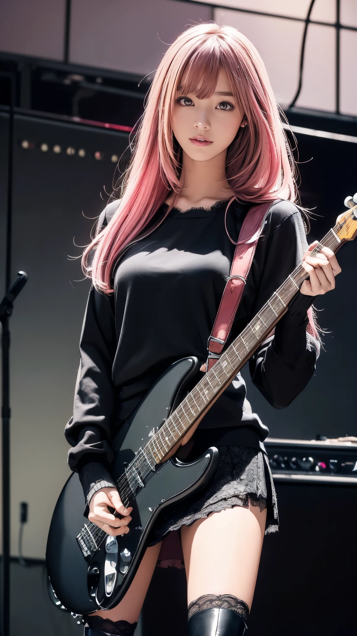 ( Masterpiece:1.2, top quality), ( exists, photo exists:1.4), (Knee), droopy eyes :1.5, big round eyes, very thin :1.5, Extremely thin thighs:1.5, depth of the drawn border, girl:1.5, perfect face, cute face, ( long hair, pink hair with crotch), ((black turtle sweater, black miniskirt , black boots , Lace Glove)), ( music studio, live house), (Astonishment, surprised expression), ((Please hold the Fender Stratocaster))