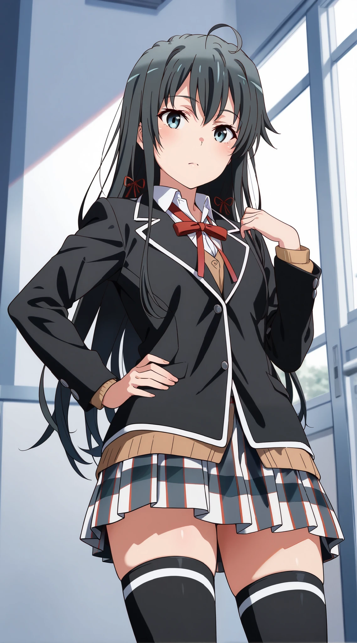masterpiece, best quality, highres, yukinoshita yukino, long hair, ahoge, hair ribbon, sobu school uniform, neck ribbon, collared shirt, blazer, black jacket, long sleeves, plaid skirt, black thighhighs, , hand on hip, standing