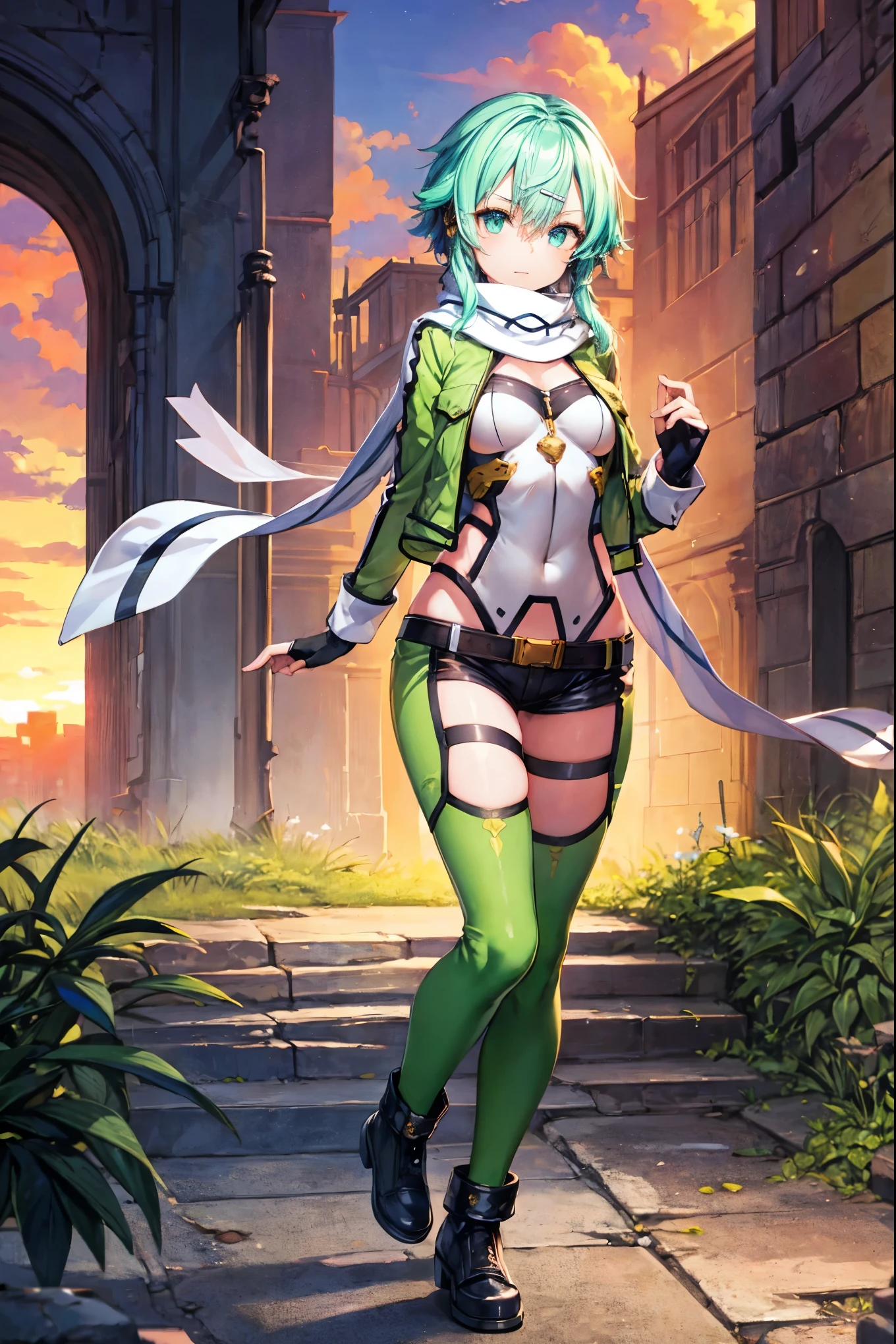 , Croped, , cleavage, slim waist, cropped hoodie underboob, cropped hoodieunderboobhoodie, 1girl, 2 wolf ears, wolf tail, marijuana crop hoodie, crop shorts, marijuana hoodie, spiky hair, spiky fur, green hair, red eyes,marijuana field scenery, tight clothes, perfect eyes, perfect hands, clear resolution, full body, cleavage skin, marijuana plants, open hoodie, marijuana scenery, black thigh high socks, full body, earrings, 1girl, skirt, cleavage, slim waist, cleavage, slim waist, hair pulled back,