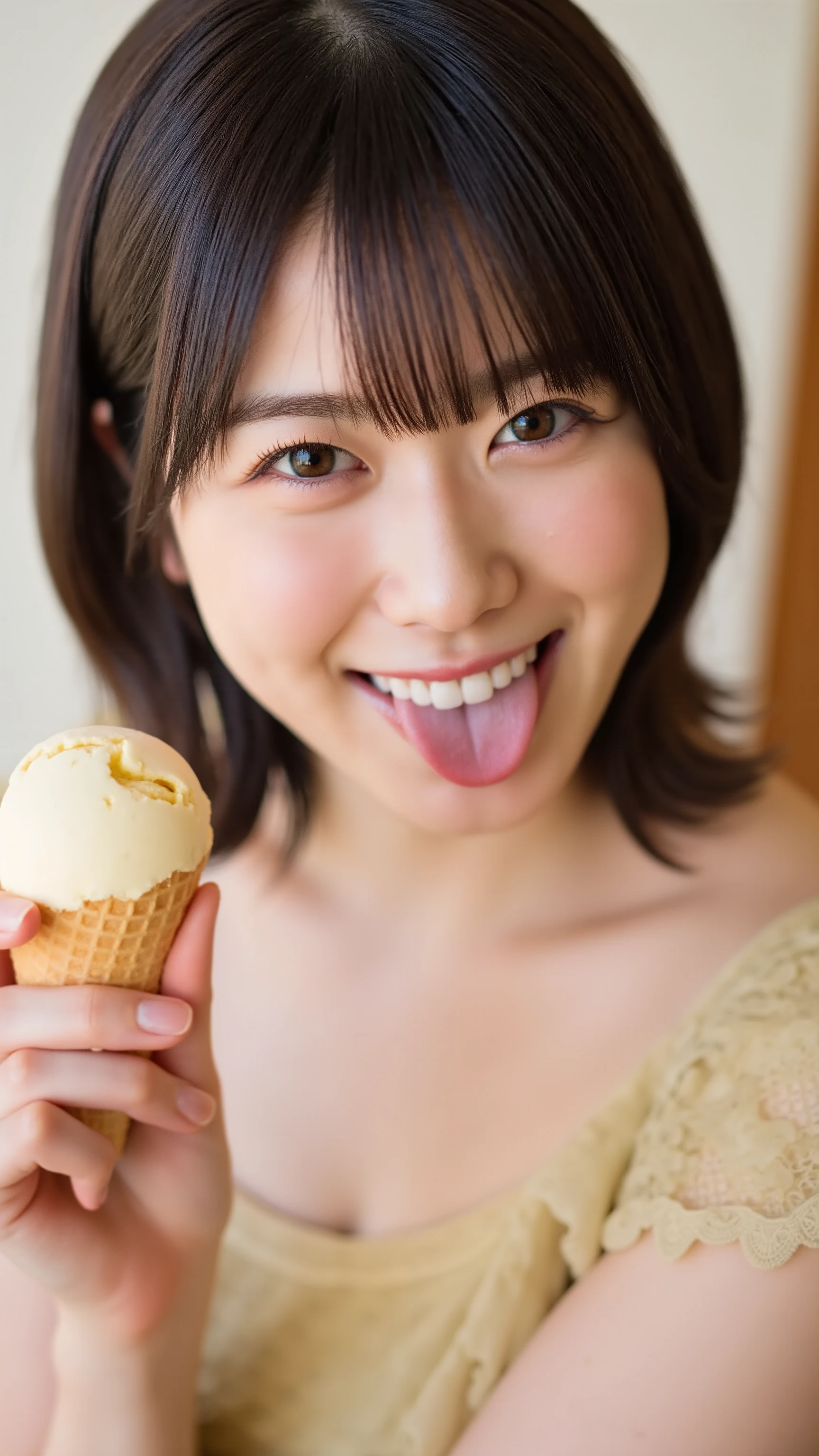 A high resolution photograph of a Japanese young woman in dress, photo-realistic, Intricate details, solo, 1girl, (open mouth, tongue, licking an ice cream in hand, ice cream cone), pale skin, fine-textured skin, detailed face, perfect hand, detailed hand, detailed fingers, indoors,