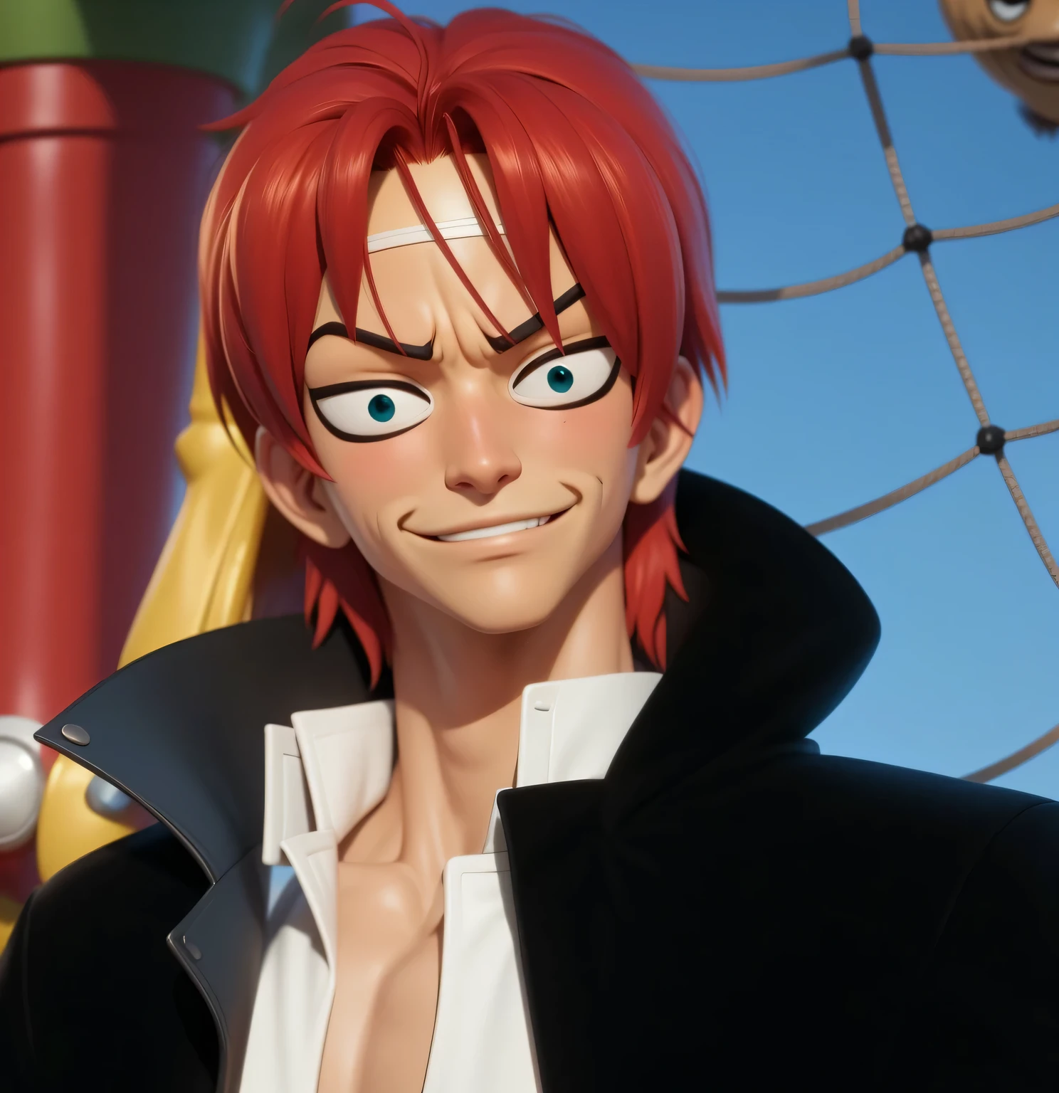 a close up of a person with red hair and a black jacket, portrait de shanks le roux, sanji, from one piece, as an anime character, luffy, luffy from one piece, luffy (one piece, monkey d luffy, anime style”, roguish smirk, eyepatch, portrait of luffy from one piece, one piece style, namiHD, (best detail), (best quality), cartoon, 3DMM,