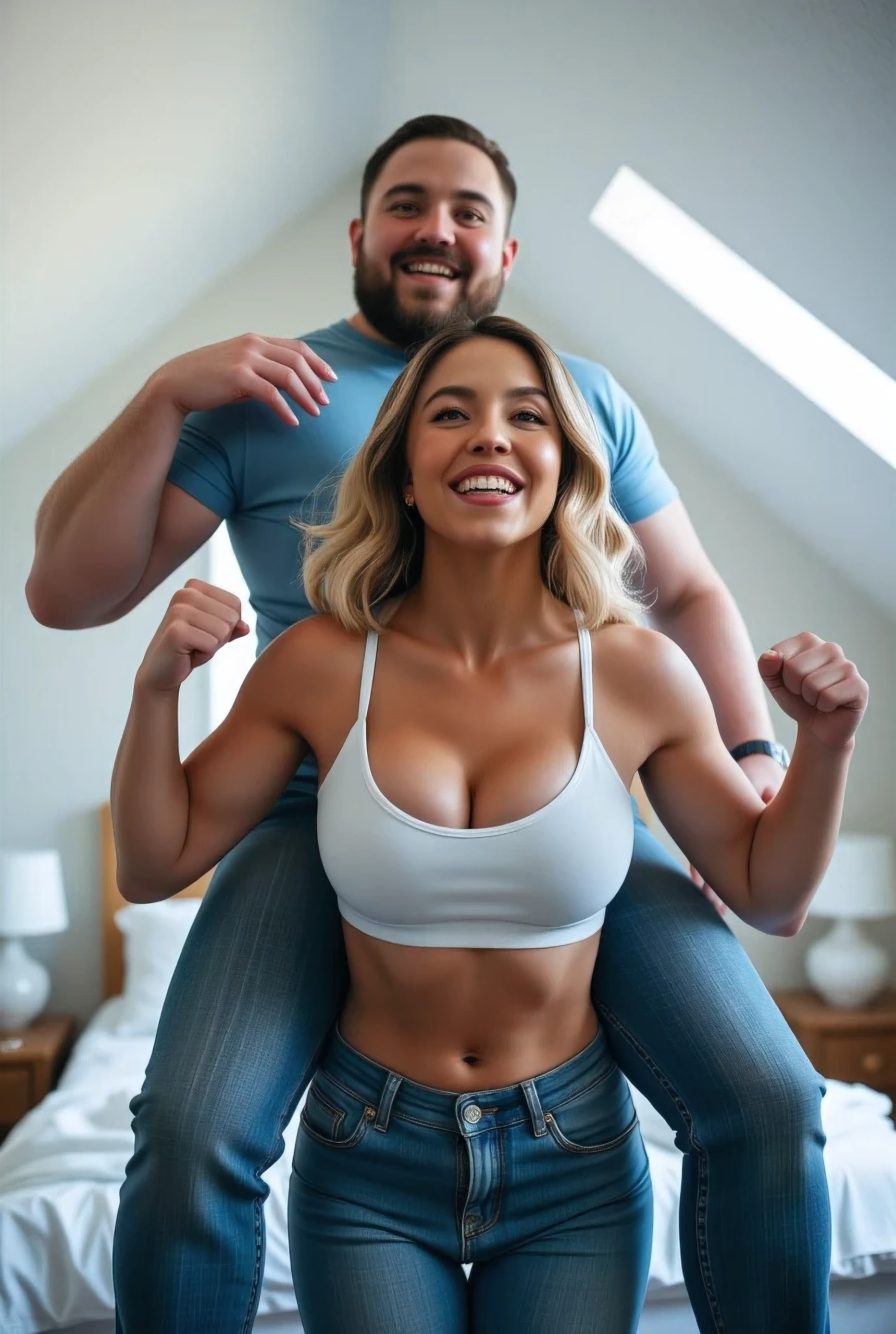 A photograph capturing a strong woman carrying a man on her shoulders. [The woman has long blonde hair and is dressed in sports bra, cleavage, muscular, laughing, exuding confidence]. [The man is fat, beard, wearing jeans and a blue shirt, relaxed sitting on her shoulders]. The setting is a vaulted ceiling bedroom, with soft, natural light filtering through, casting subtle shadows.