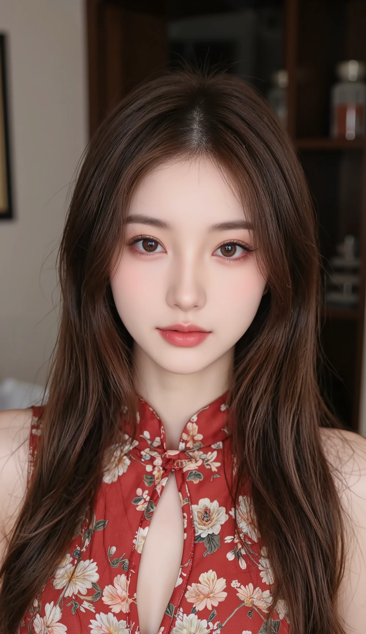 ( Realism, Realistic images), ( Realistic Photos ), female, ( masterpieces, Top Quality, best image quality, Extremely sophisticated , ultra-detailed, Extremely Realistic Faces, RAW Photos, sexy lingerie and stockings , Subtleties , More details , , fine face , fine eyes, detail background, Exquisitely detailed facial and skin), slim figure, Incredibly large breasts :1.2, absurd, upper body , (Chinese dress:1.5), viewer , Photographed , Maximum imaging performance , smile
