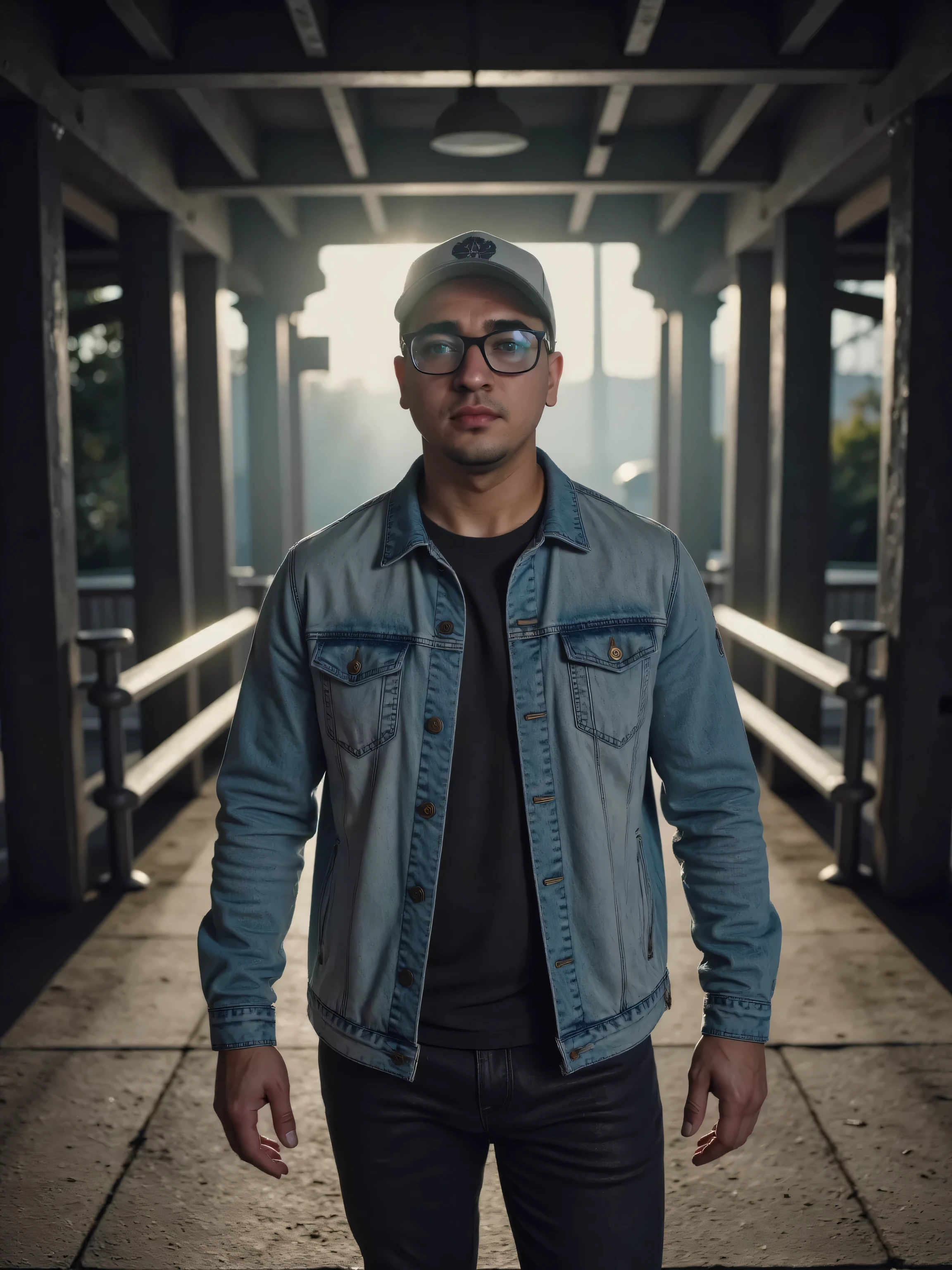 A white man wearing a light blue denim jacket , light blue denim cap and glasses walking down a long corridor with strong backlight . The camera captures the scene in a wide shot using a Sony Alpha 7R IV with a wide-angle lens. The bright light behind creates a silhouette effect , darkening the man's face and body . The composition uses conductive lines to draw the viewer's attention to the man , with high contrast between the shaded figure and the illuminated background .