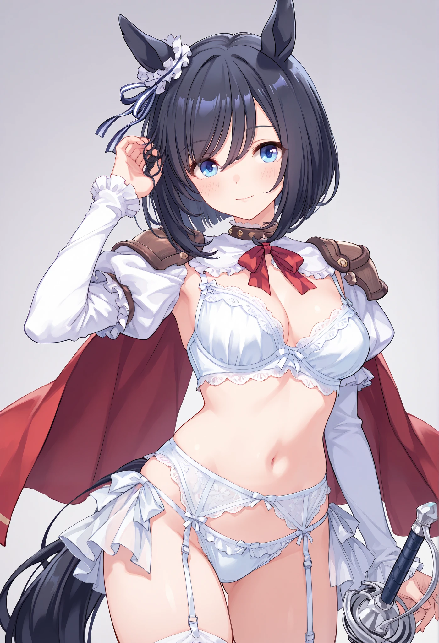 whole body, {{{ Masterpiece}}}, {{{ top quality }}}, {{ More details}}, { illustrations}, {{ very delicate and beautiful }}, detailed skin, Fine Eye {{{Uma Musume}}},{{{Eishin Flash:1.7}}},{{{Uma Musume}}},{},{{{Prostitute:1.6}}} Right Ear Ornaments ,{{{Lingerie Armor}}}, shoulder armor,{{{Cape}}},{{{Rapier}}},{{{ sexy white lingerie }}}, {light smile}