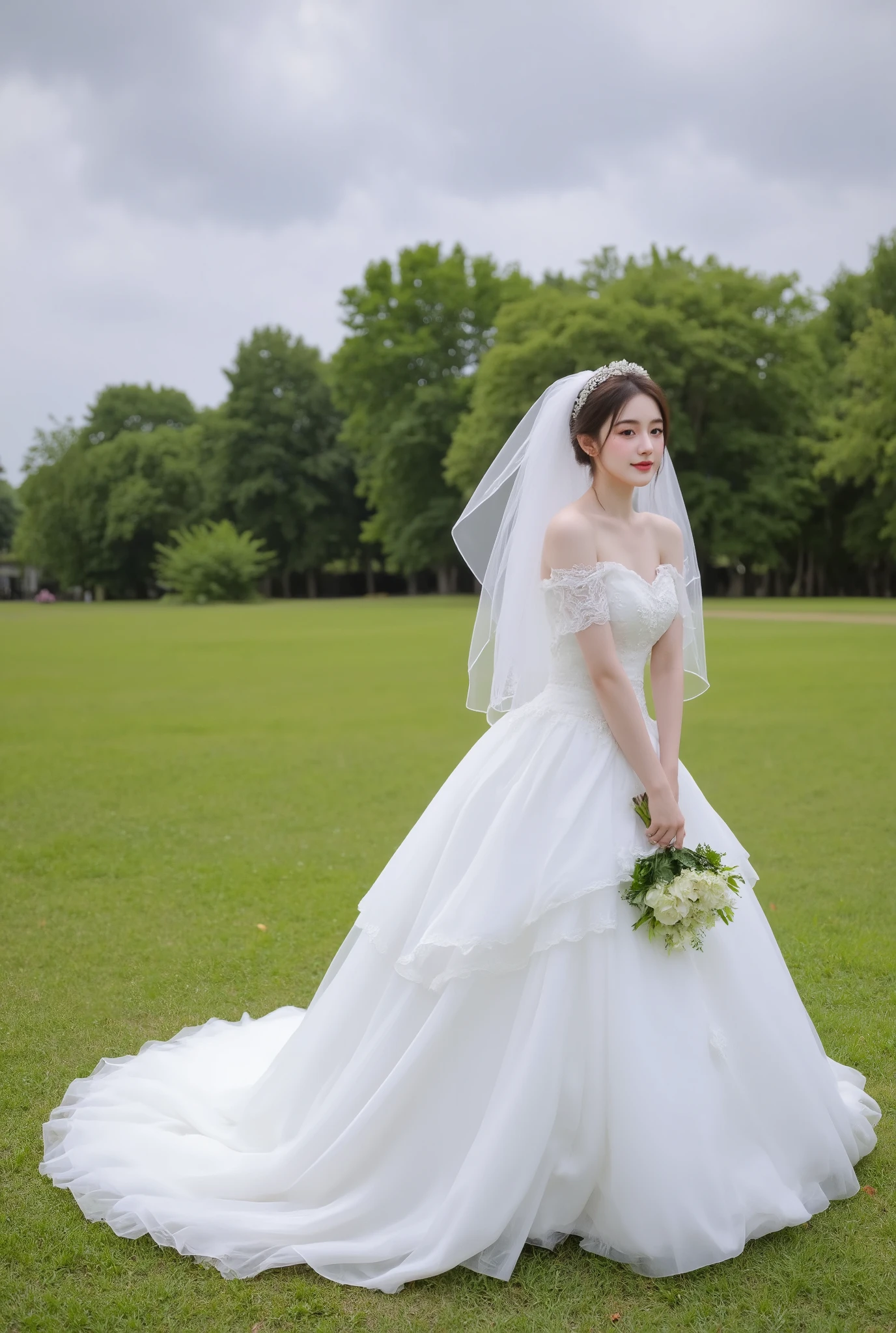 Create a scene with a bride standing outdoors on a lush green grassy field surrounded by dense, vibrant trees in the background. The bride is wearing an elegant, off-shoulder white wedding gown with a voluminous, layered tulle skirt. She is holding a bouquet of white and green flowers. The bride's veil is sheer and flows gently behind her, adorned with delicate lace detailing. Her hair is styled simply, and she wears a floral headpiece. She is posing with a cheerful and graceful expression, slightly tilting her head to one side while holding her bouquet close to her. The setting is bright but cloudy, with soft, natural lighting enhancing the serene atmosphere of the scene."