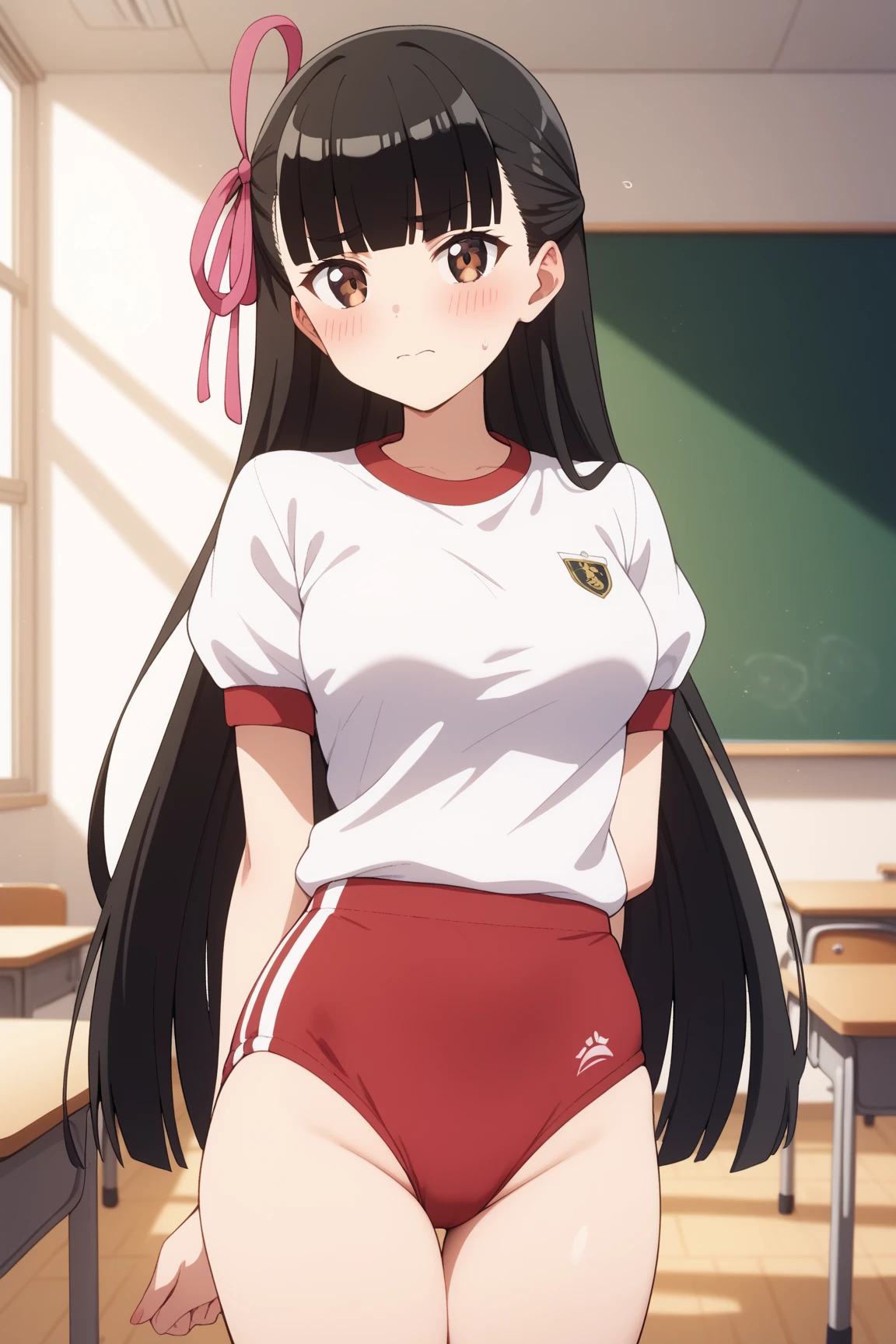 masterpiece, ultra quality, ultra sharp, ultra detailed, 1girl, solo, (((good anatomy))), haduki kurumi, (tattered torn dripping wet white gym shirt), navy gym pants, animal ears, randoseru, name tag, Japanese anime pose, laugh, BurumaShorts, Buruma, Gym Uniform, (((sitting, squatting, spread_legs, legspread, split_legs, spreading legs)), (randoseru backpack:1.4), (((smirk smile))), buruma, blue buruma, black buruma, (cameltoe), (tattered torn short sleeve white gym uniform with colored hem), (tiny nipples), (white long loose socks), strong lighting, legspread, bukkake, cum on clothes, cum on legs, cum on buruma, cum on bloomers,
