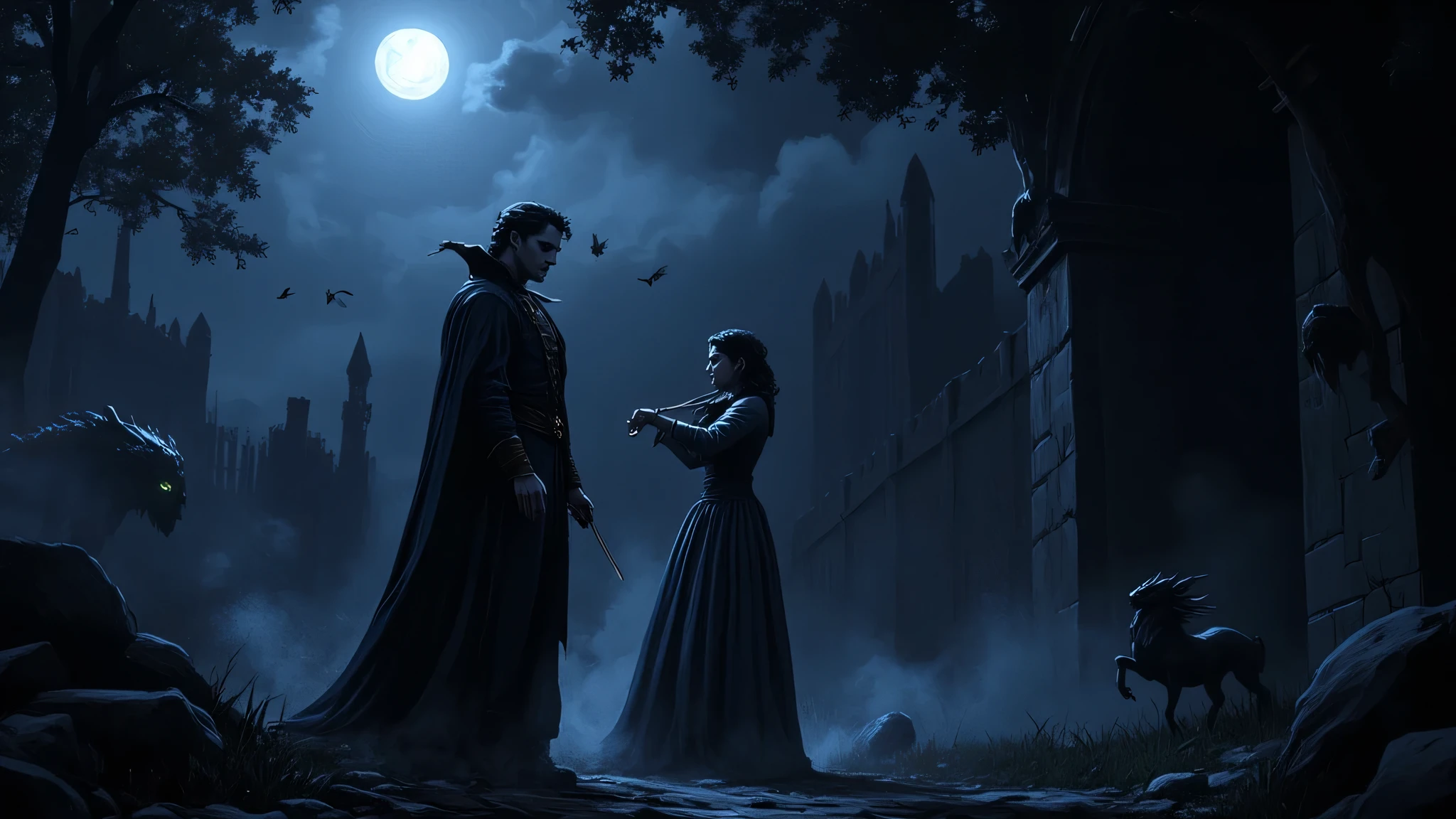 A dark and atmospheric Gothic banner for a YouTube channel, with a night landscape shrouded in ancient mist . in the background , a castle And in ruins under a full moon , illuminating the scene with a pale glow . on the left, terrifying monsters emerge from the shadow : deformed figures , beasts with glowing eyes and specters shrouded in mist . in the center, vampires wearing period dresses , pale skin and mesmerizing eyes , elegantly pose . To the right, ancient European musicians , dressed in 18th century clothing , two female figures play a violin and a piano on a mysterious stage , with scores floating in the air . among them, mythological creatures like a faucet , a slender dragon and a centaur watch from the dark . The atmosphere must be one of terror and mystery , with dark colors, faint lights and Gothic details .