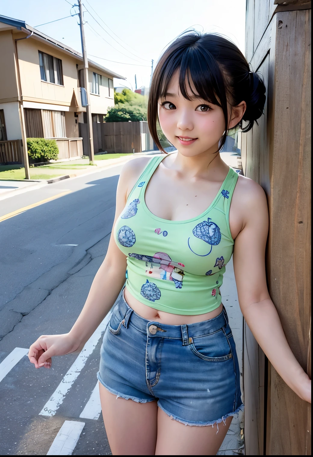 ( top quality, Masterpiece:1.3, Ultra high definition ),( very well detailed 、 caustics) ( exists:1.4, RAW shooting、)Ultra- exists Capture、 very well detailed 、 Natural skin texture isolated on pale blue background 、 Masterpiece、( Japanese girl wearing printed tank top 、 Japanese elementary schoolremely short pants :1.3)、 cute expression、Expressions of joy、、: 、baby face、 innocent girl、 amazin bob hairstyle、 black hair、 big breast、 Glowing Thighs、Residential Sidewalk 、Background details、smile、 An inviting gaze 、( anatomically accurate )、 Attention to Details 、Stand with your back against a wall、