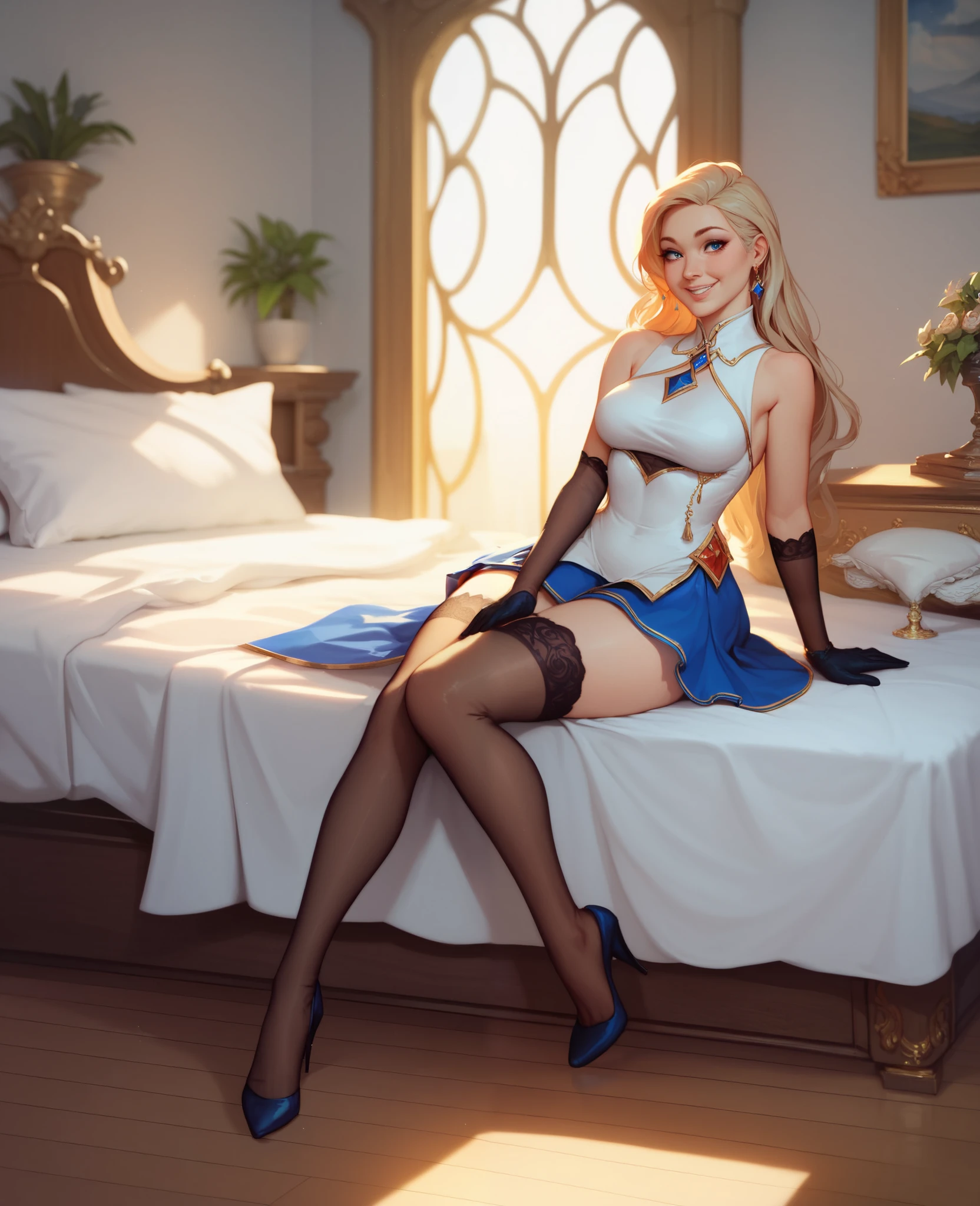 A sexy bunny girl with blonde hair, red tie, sexy leotard, Blue Eyes, red lips,smile, big breast((nipple)), opened chest, luxury theme, sensuality face, bunny girl, bunny ears, masterpiece, ultra detail, face detail, 8k, realistic, elegant, high resolution