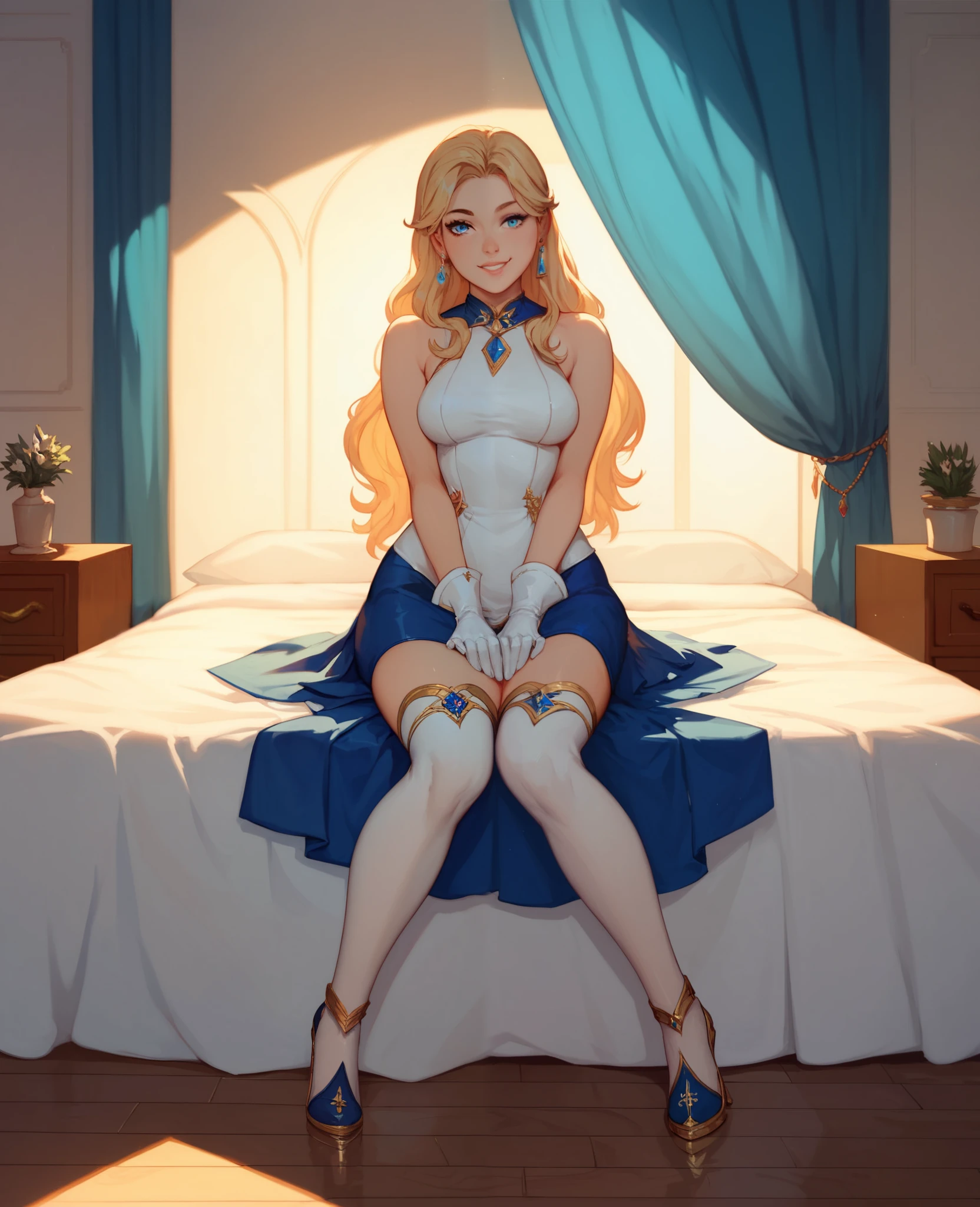 asuna, asuna_(sao), 1girl, fantasy, highres,  looking_away, looking_to_the_side,  original, realistic,   scenery, full_body, smiling, action pose,on_bed,