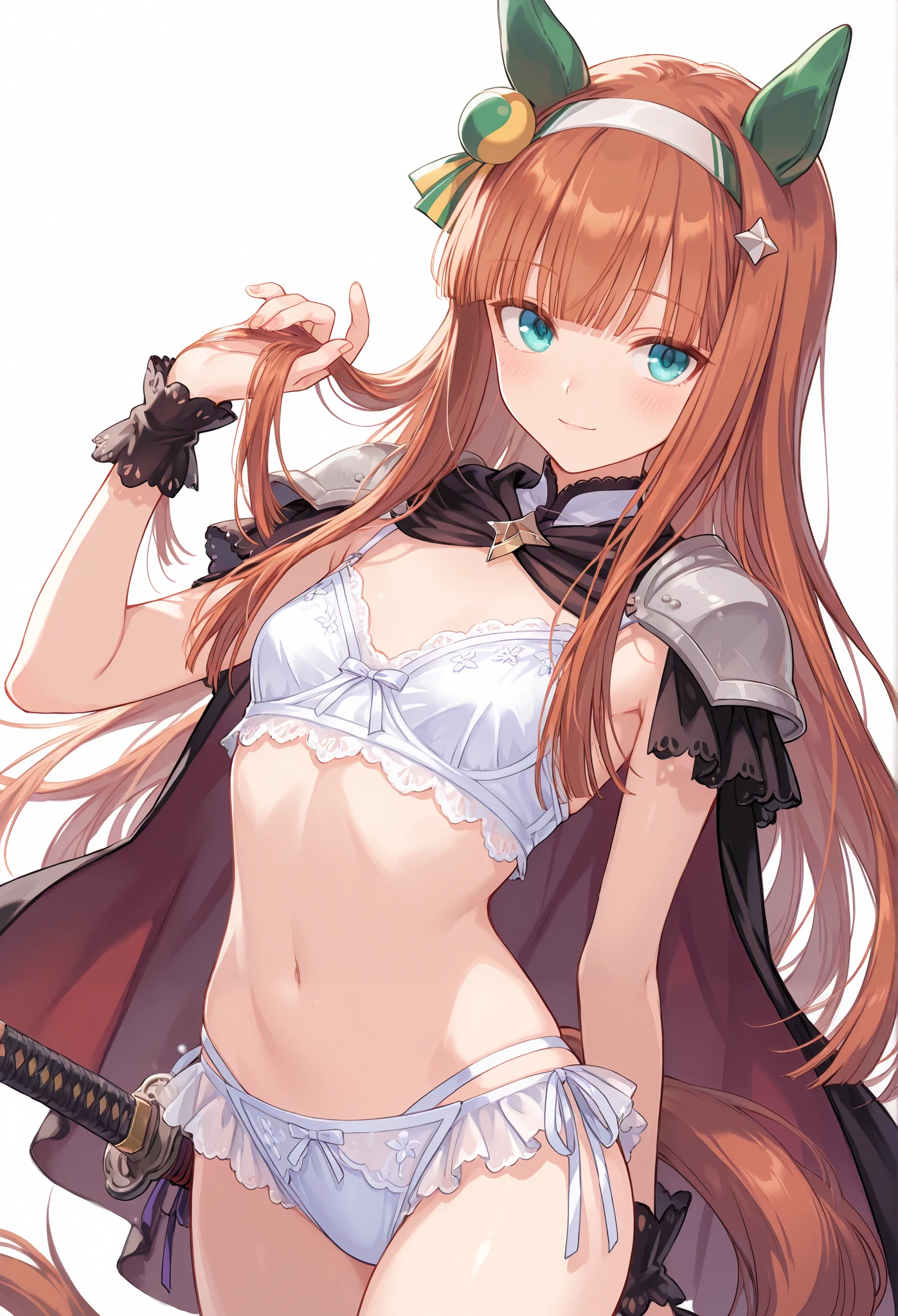 whole body, {{{ Masterpiece}}}, {{{ top quality }}}, {{ More details}}, { illustrations}, {{ very delicate and beautiful }}, detailed skin, Fine Eye {{{Uma Musume}}},{{{Silence Suzuka:1.7}}},{{{Uma Musume}}},{},{{{Prostitute:1.6}}} Right Ear Ornaments ,{{{Lingerie Armor}}}, shoulder armor,{{{Cape}}},{{{ Japanese sword}}},{{{ sexy white lingerie }}}, {light smile}