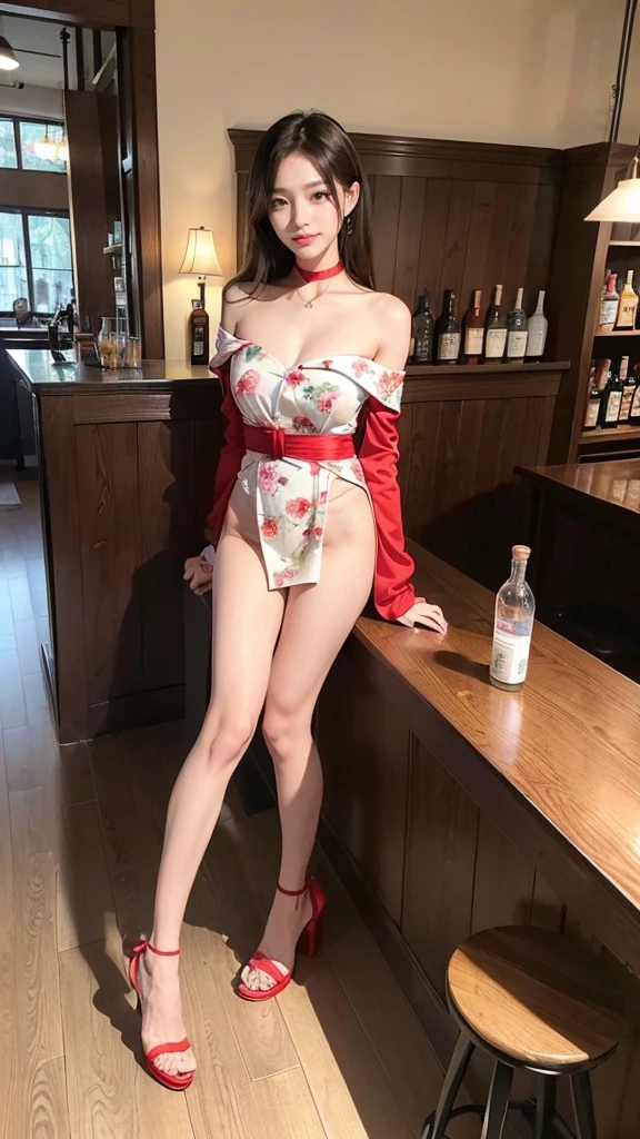 ,(full body:1.5),(((only one girl)):1.4),(view the viewer:1.4),((anatomy correct):1.45),(((dancing in the bar, Perfectly integrated background))):1.3),(she wears large glasses and Holding bra & pantie in her hand:1.2),(shy:1.15),((red cheongsam's set):1.2),(((((((patterns)))))) ,((thick pantyhose)):1.3),( Uniform high heels leather shoes with bows for female students:1.1),((Long legs and large chest):1.3),((((colorful))):1.4),(Accurate and perfect face:1.3),((black shot):1.2),hyper HD, Ray traching, reflective light, structurally correct, Award-Awarded, high detail, lighten shade contrast, Face lighting ,cinematic lighting, masterpiece, super detailing, high quality, high detail, best quality, 16k,High contrast,