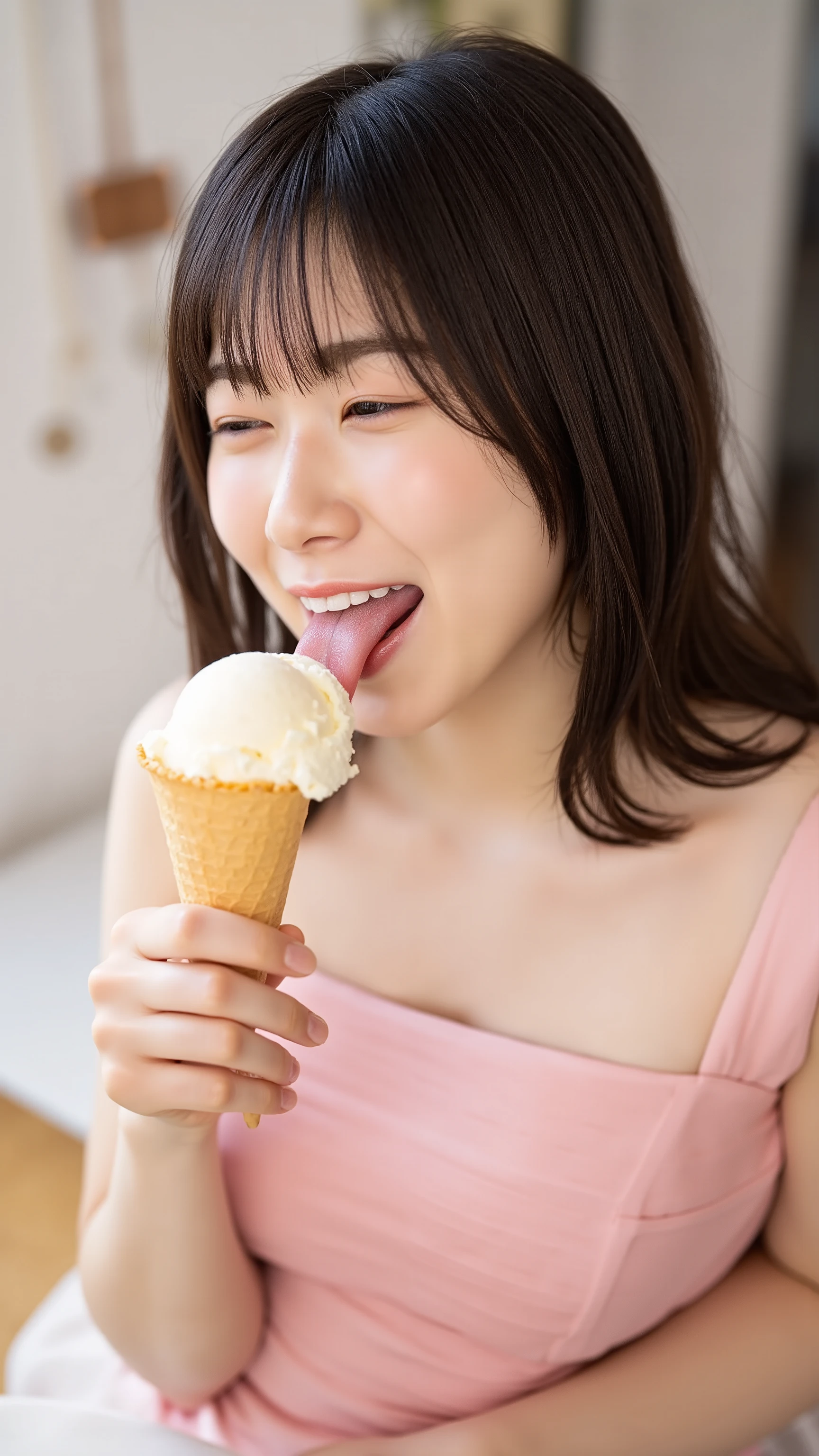 A high resolution photograph of a Japanese young woman in dress, photo-realistic, Intricate details, solo, 1girl, (open mouth, tongue, licking an ice cream in hand, ice cream cone), pale skin, fine-textured skin, detailed face, perfect hand, detailed hand, detailed fingers, indoors,