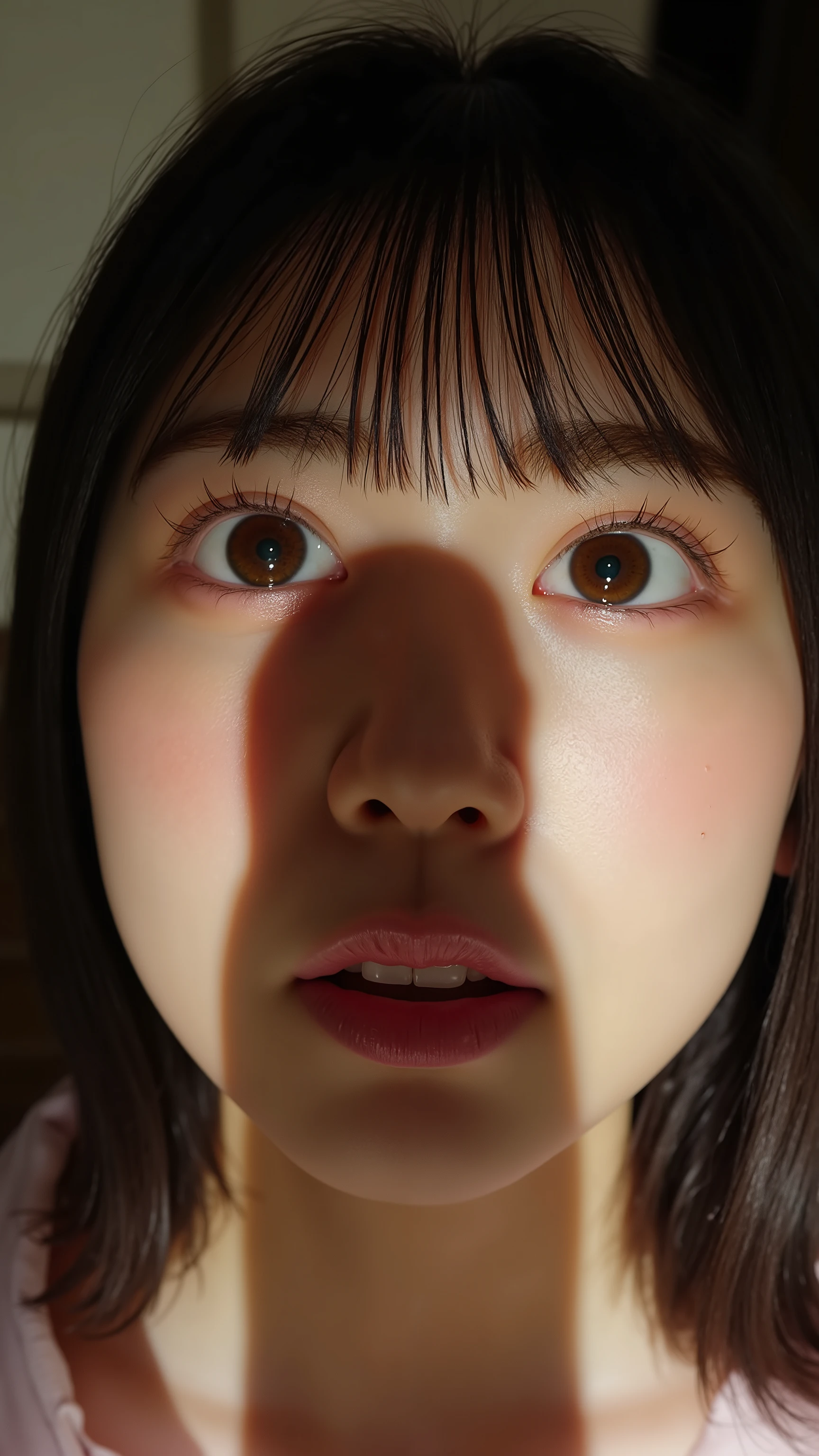A high resolution photograph of a Japanese young woman, photo-realistic, realistic, masterpiece, amazing quality, 8k, extremely detailed, intricate details, sharp focus, professional lighting, kneeling in front of the viewer, huge shadow of a penis over her face, she gazes up at the penis in awe, detailed face, detailed eyes, beautiful pupils, sophisticated nose, indoors,
