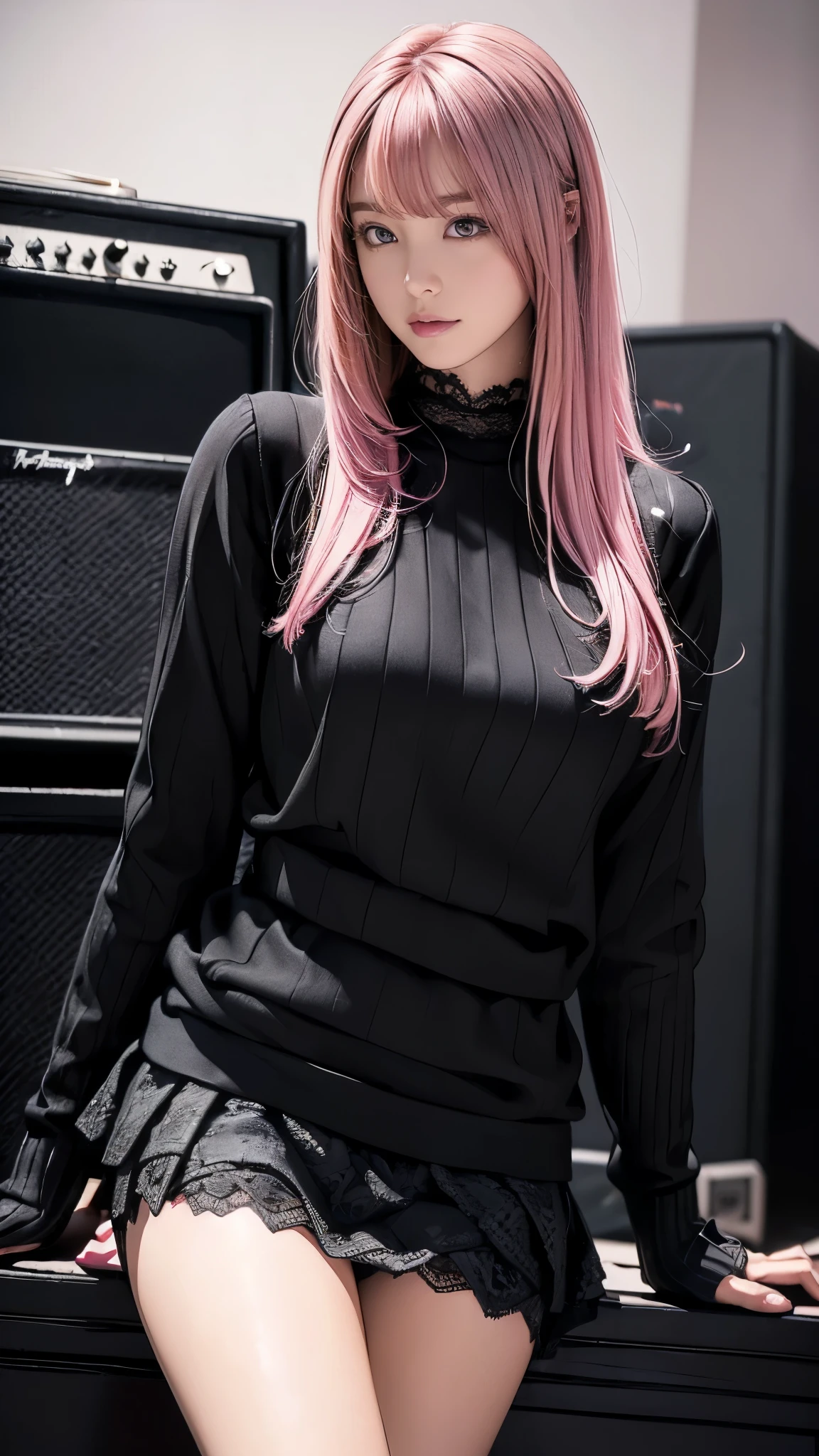 ( Masterpiece:1.2, top quality), ( exists, photo exists:1.4), (Knee), droopy eyes :1.5, big round eyes, very thin :1.5, Extremely thin thighs:1.5, depth of the drawn border, girl:1.5, perfect face, cute face, ( long hair, pink hair with crotch), ((black turtle sweater, black miniskirt , black boots , Lace Glove:1.2)), ( music studio, live house), (Astonishment, surprised expression), ((Please hold the Fender Stratocaster))