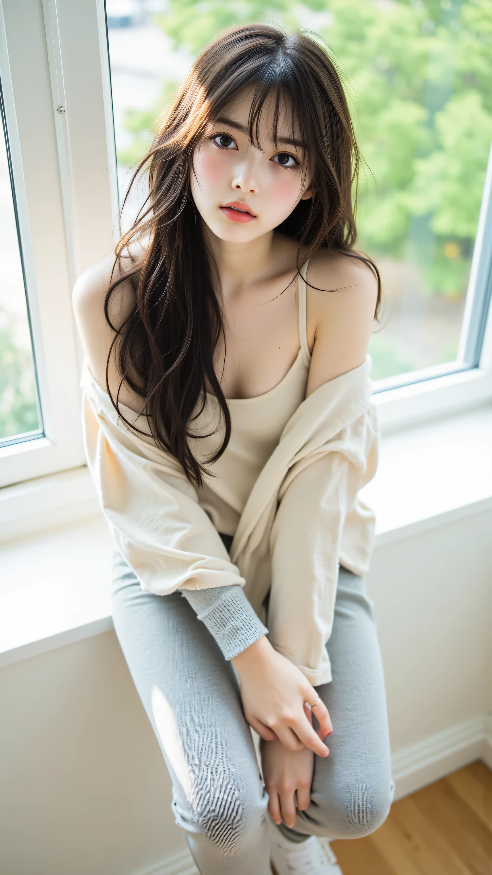 Araffe asian woman sitting on a window sill in a white sweater - SeaArt AI