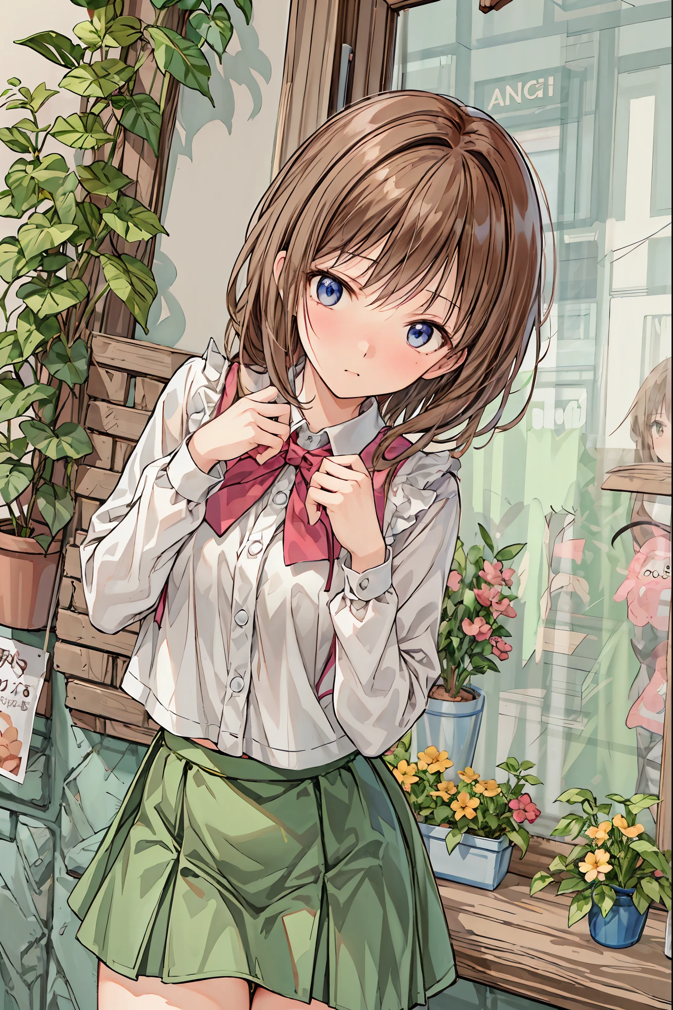 ( Masterpiece), top quality, cute girl leaning on a wall, embarrassed, , Intimate moments, cute, cropped shirt, Look Down, high angle, close, BREAK she is embarrassed, she is , forest setting , cute imgae