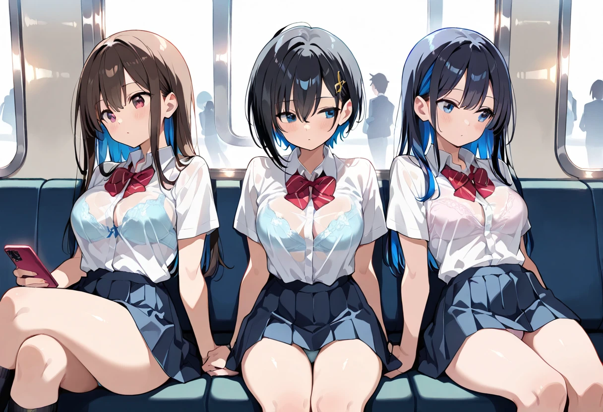 ((3 High school girls standing in a row、tits、Big Breasts、See-through nipples、Cleavage、White shirt、Navy micro pleated mini skirt、Thighs、Black Hair、crowded train、Molester、Highest quality、titsをくっつける、Sweat、Drooling、Lewd smile、Panties))