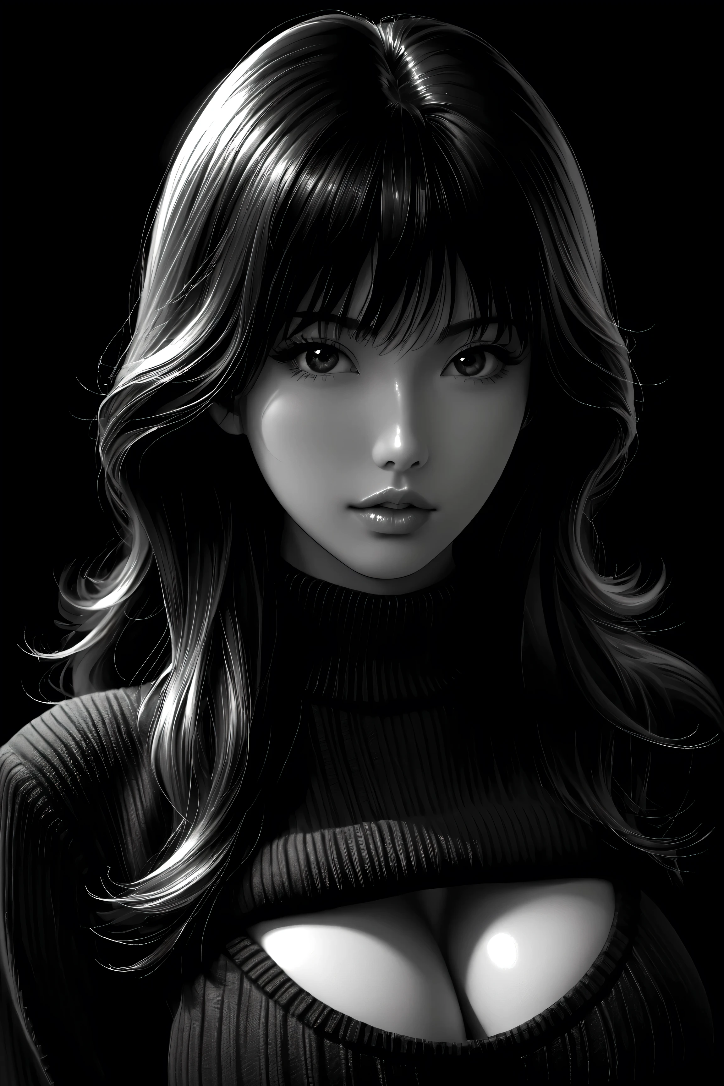 (Highest quality, sketch:1.2), Dark monochrome background, Japanese Manga, illustrator, Japanese Manga, 1 asian Girl, Delicate lips, v-neck sweater, custom, background completely black, Neon Hair, Texture Clipping, masterpiece, black, bad woman, looking at viewer, cleavage, big breasts, style retro classic, master piece:1.5、(minimal art, line drawing), illustrated anime, (eyes looking off to one side), shiny skin,