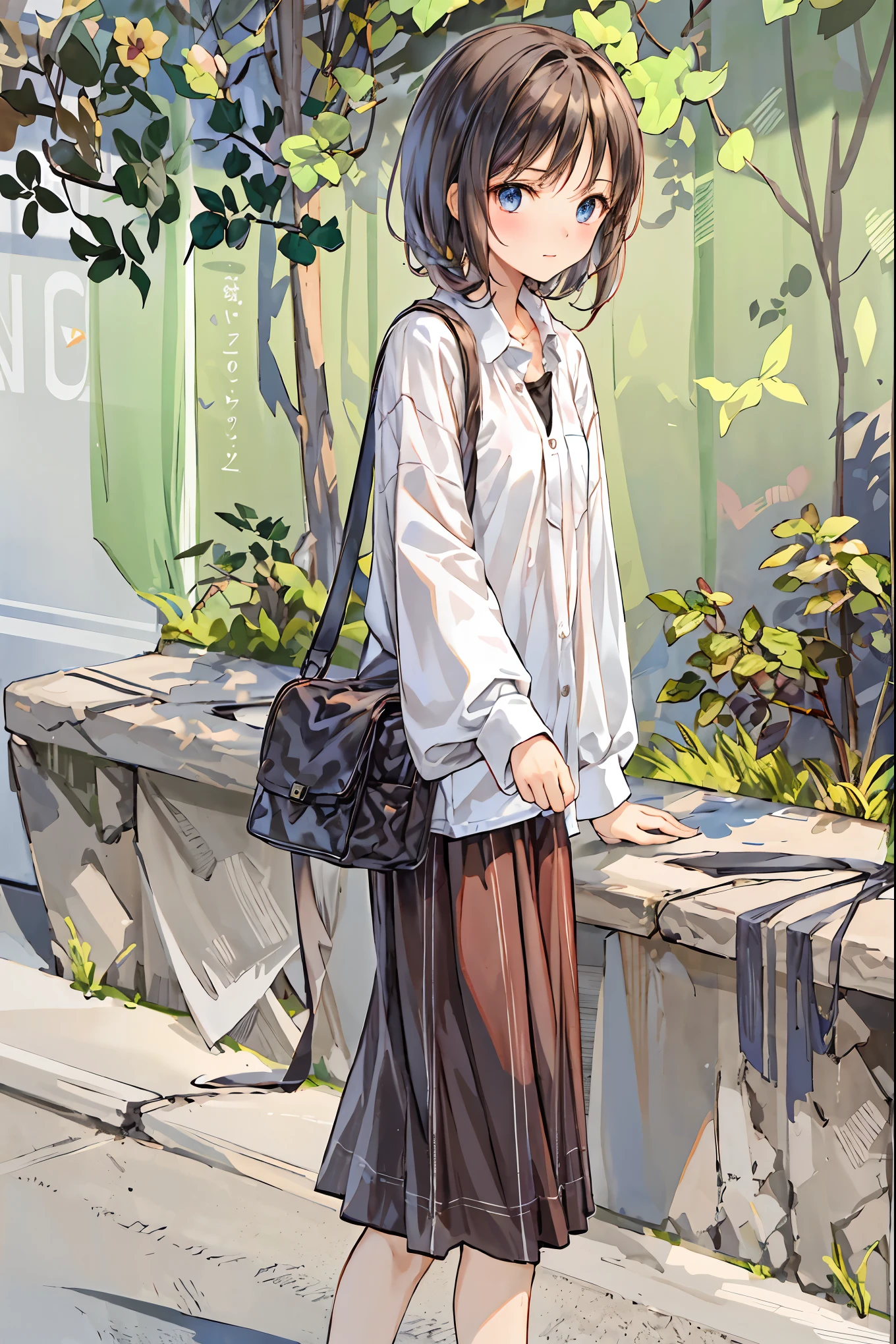 ( Masterpiece), top quality, cute girl leaning on a wall, embarrassed, , Intimate moments, cute, cropped shirt, Look Down, high angle, close, BREAK she is embarrassed, she is , forest setting , cute imgae, Hair, shortcut , unkempt hair,Short braided hair,Neat, slender beautiful woman,Correct posture,Small chest, beautiful legs, has enchanting gray-blue eyes that shine like stars, droopy eyes , vibrant colors, beautiful eyes,A delicate smile,Textured Skin, Best Quality at its Best , gentle and beautiful woman , anime style、
