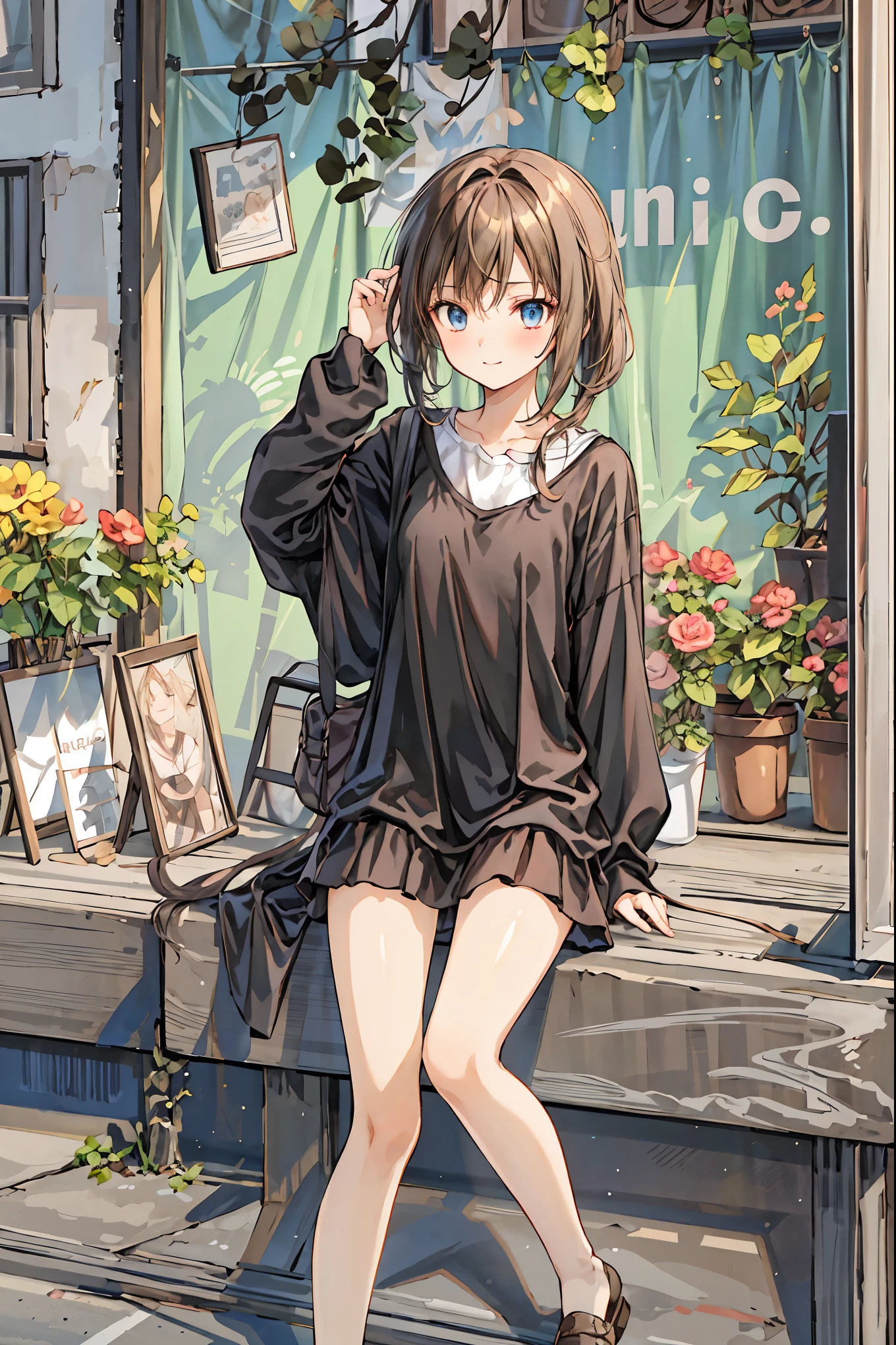 ( Masterpiece), top quality, cute girl leaning on a wall, embarrassed, , Intimate moments, cute, cropped shirt, Look Down, high angle, close, BREAK she is embarrassed, she is , forest setting , cute imgae, Hair, shortcut , unkempt hair,Short braided hair,Neat, slender beautiful woman,Correct posture,Small chest, beautiful legs, has enchanting gray-blue eyes that shine like stars, droopy eyes , vibrant colors, beautiful eyes,A delicate smile,Textured Skin, Best Quality at its Best , gentle and beautiful woman , anime style、