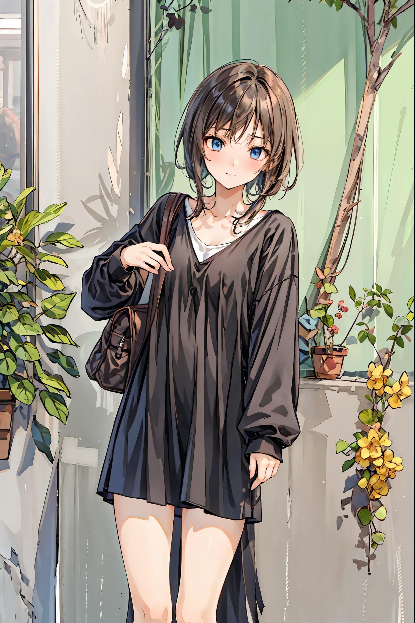 ( Masterpiece), top quality,  cute girl leaning on a wall,  embarrassed, , Intimate moments,  cute,   cropped shirt,  Look Down,  high angle, close, BREAK she is  embarrassed, she is ,  forest setting ,  cute imgae， Hair， shortcut ， unkempt hair，Short braided hair，Neat， slender beautiful woman，Correct posture，Small chest， beautiful legs， has enchanting gray-blue eyes that shine like stars， droopy eyes ， vibrant colors, beautiful eyes,A delicate smile,Textured Skin, Best Quality at its Best , gentle and beautiful woman , anime style､
