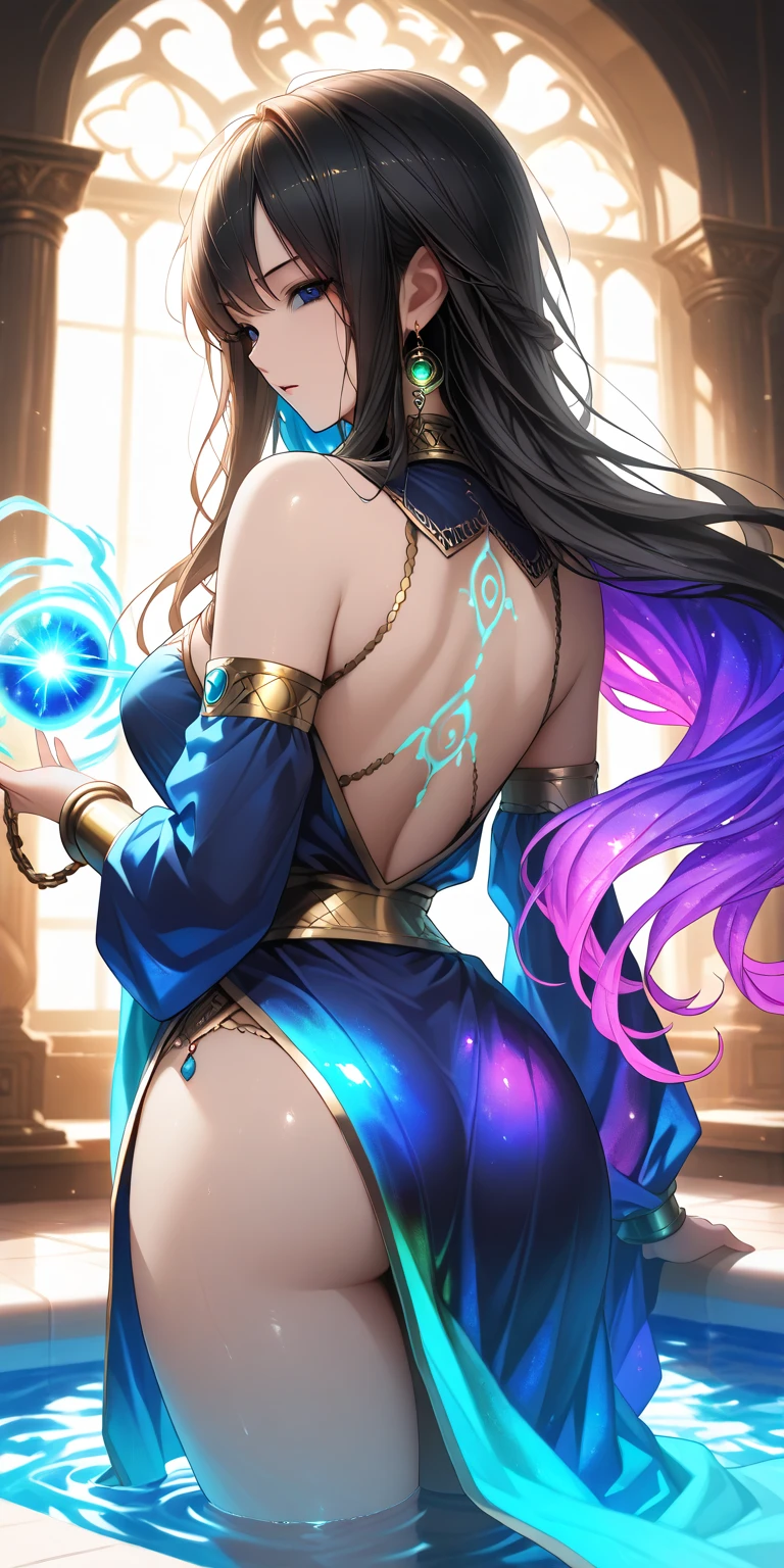 (best quality,4k,highres,masterpiece:1.2),ultra-detailed,(realistic:1.37)
A mature curvaceous Malaysian woman with her age at 40, dressed in a hijab that covers all of her hair, is standing in the center of a mystical scene. She is wearing a beautiful silk magic gown that shimmers with an otherworldly glow. The gown flows gracefully around her figure, accentuating her curves and adding an air of elegance to her presence.

The woman is a witch, strong and knowledgeable in the mystic arts. She stands confidently with her hands raised, as if channeling her magical powers. Around her, a magic circle adorns the ground with intricate symbols and glowing sigils. The circle is made from a combination of runes and arcana, pulsating with energy in vibrant colors of blues and purples.

As the woman continues her summoning, a mythical monster starts to materialize from within the magic circle. The creature is a magnificent being, towering with a majestic presence. Its body is covered in shimmering scales, reflecting the light around it in a mesmerizing display. The creature's form is a combination of various animals, with wings of an eagle, the tail of a serpent, and the head of a lion.

The scene is bathed in an ethereal light, reminiscent of moonlight casting an enchanting glow. The soft illumination illuminates the woman's face, revealing a calm and focused expression. Her eyes emit a glimmer of magic, while her lips are curved in determination.

The background is an enchanted forest, with towering trees reaching towards the sky. The forest is filled with vibrant foliage, casting shadows and adding layers of depth to the overall composition. The air is filled with an aura of mystery and anticipation, as if the entire world holds its breath in awe of the imminent manifestation.

The color palette of the scene is rich and vivid, with deep shades of blues and purples dominating the overall tone. The contrasting warm hues of the woman's gown provide a beautiful balance and creat