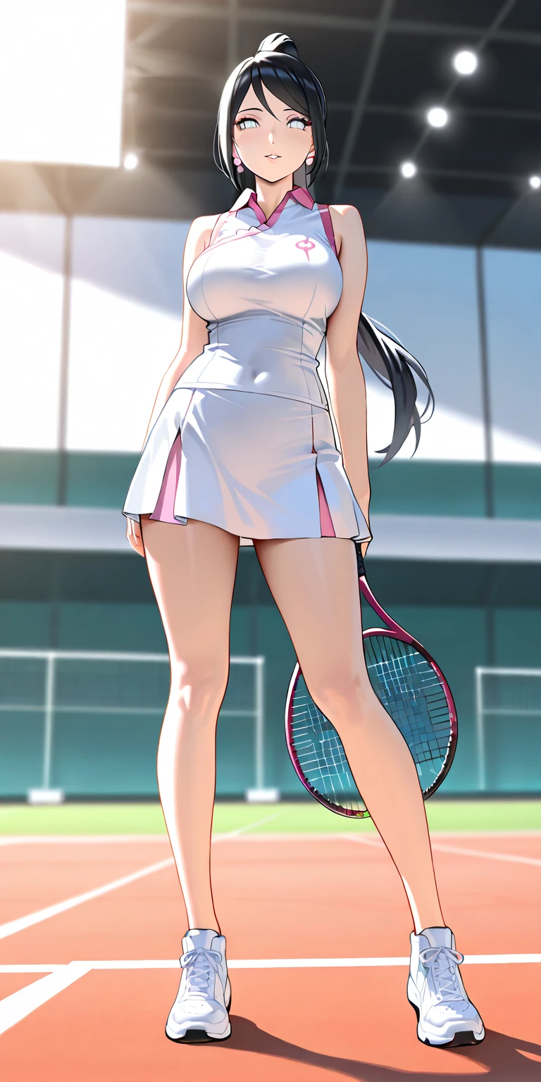 Official Art, unity 8k wallpaper, Very detailed, masterpiece, highest quality, 1 female, (Very detailed)、Masterpiece, Full body view、Standing Accurately, Tennis uniform、White panties、Toes on the feet、No sleeve、(Realistic、Photorealistic:1.3)、High detail、Dynamic Angle, Fire glow effect,  Professional Lighting, Side light, Cinematic Light, 超A high resolution, 8k , Film Grain,Best Shadow, Particles of light, Fine skin, Detailed face, Intricate details, Very detailed, Tennis court、Beautiful Face、Blurred Background、18 year old beautiful girl、Shiny skin、thin、Wonderful friends、Delicate body、Narrow waist、Sweat、Daytime、