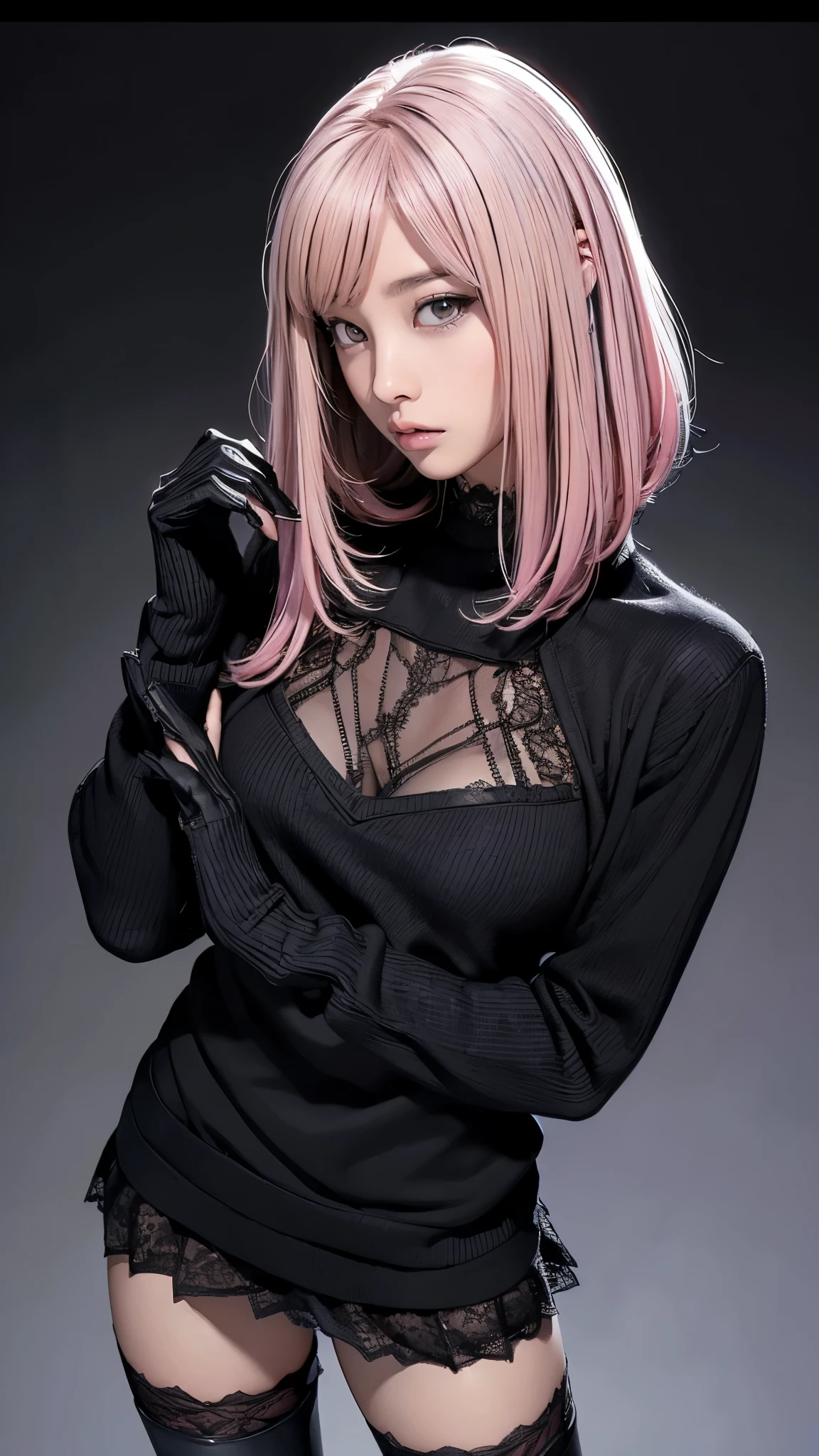 ( Masterpiece:1.2, top quality), ( exists, photo exists:1.4), (Knee), droopy eyes :1.5, big round eyes, very thin :1.5, Extremely thin thighs:1.5, depth of the drawn border, girl:1.5, perfect face, cute face, ( bob hair, pink hair with crotch), ((black turtle sweater, black miniskirt , black boots , Lace Glove:1.2)), (The background is white), (Astonishment, surprised expression), ((Please hold the Fender Stratocaster))