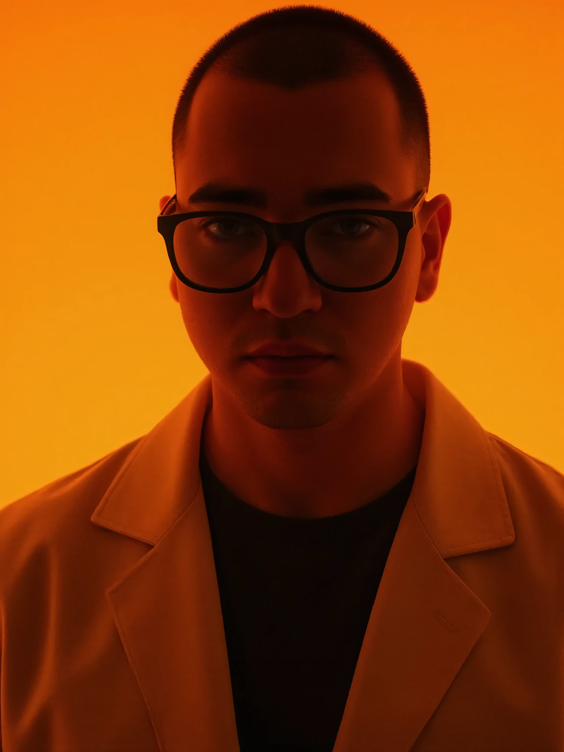  Futuristic silhouette of a guy wearing sophisticated fashion , the background is orange, The clothes are minimalist ,  HYPERREALISTIC SCENE , The guy is moderately visible due to the dark shadows and is wearing modern fashion frames.
