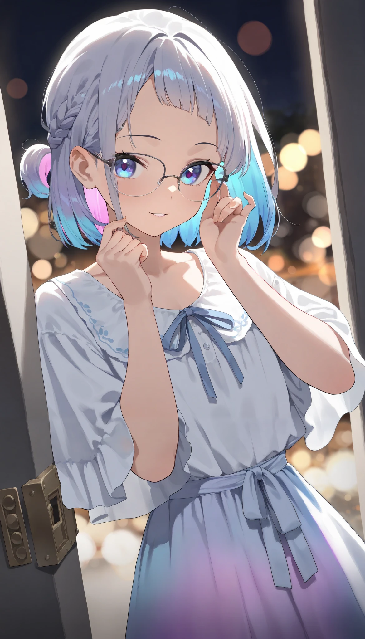 1girl,((glasses)),solo,(safe:1.2),tiny chest,(Adjusting her glasses:0.7),beautiful eyes,shiny eyes, Iridescent eyes,{Multicolored  hair,Iridescent hair},gradation hair , The color of the inner hair is a brighter shade of the outer hair color with added light blue-purple color of the inner hair,{ponytail, Bob cut,short hair, Long straight hair, Shag cut ,Layered cut ,Curly hair ,Wavy hair ,short bob,low-twinponytail,braid,side-ponytail,bun, open forehead},small smile,parted lips:0.2, tilted angle,scene situation,(masterpiece:1.2), (best quality:1.2), (very aesthetic:1.2), (absurdres:1.2), (detailed background),newest,intricate details,beautiful face,beautiful eyes,ultra high resolution,32k,UHD, multi-layer, bokeh photography,out-of-focus highlights,dreamy ambiance,mesmerizing depth,depth of field,HDR,cowboy shot, (Crop Top:0.5),