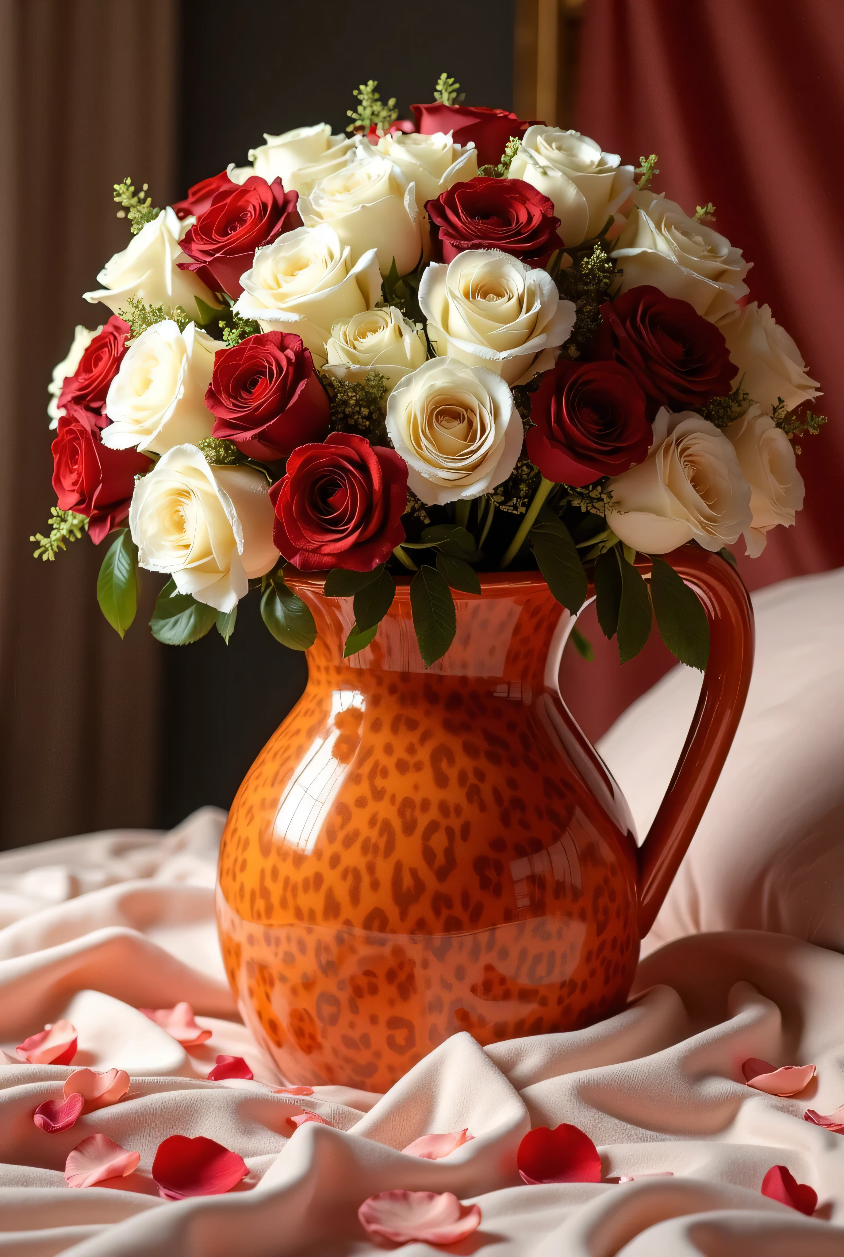 On the bed is a beautiful large orange jug with leopard print In the jug is a large bouquet of 1001 white and burgundy roses The bed is decorated with rose petals
