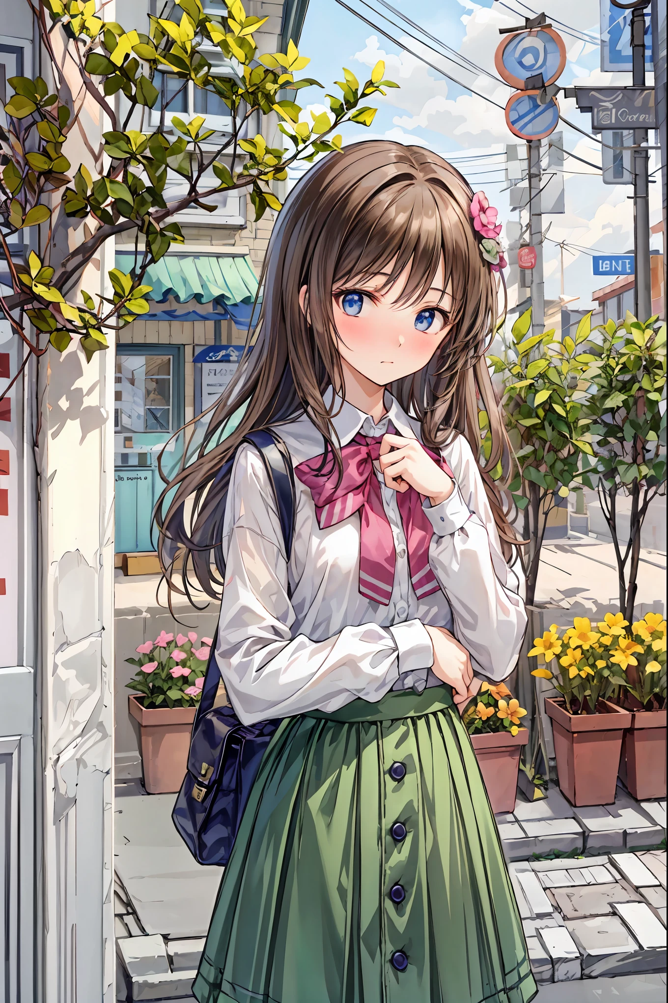 Anime girl in a green skirt and white shirt standing on a sidewalk ...