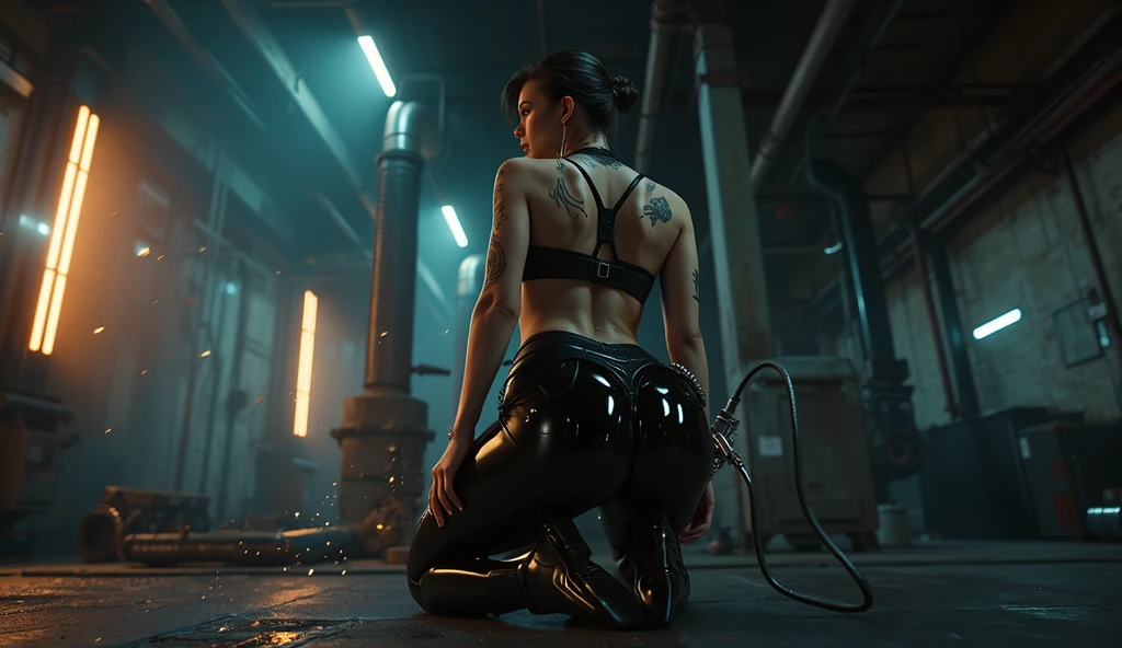 Harley Quinn, realistic, close-up full body shot, slim body, average small breasts, small round butt, full body in profile, detailed facial features, slender body, Hourglass body shape, intricate tattoos, provocative skintight outfit, dark moody lighting, atmospheric background, dramatic poses, cinematic composition, high contrast, backlight lightning, vivid colors, (best quality,4k,8k,highres,masterpiece:1.2),ultra-detailed,(realistic,photorealistic,photo-realistic:1.37),