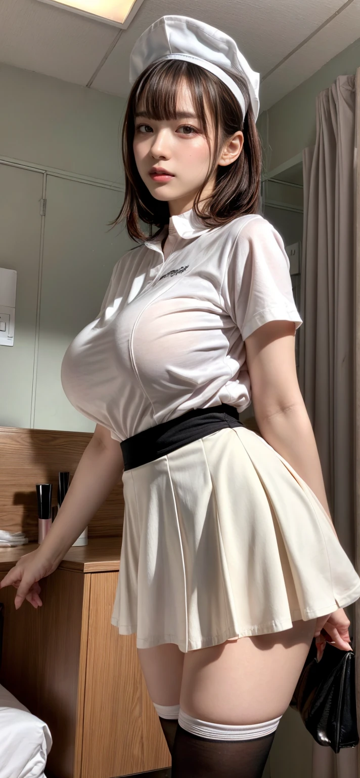 (((masterpiece:1.4, Best Quality:1.4, 8K, ultra high res, Physically Based Rendering))), Portrait, flat lighting, ultra Beautiful Sexy Woman, 24yo, (no makeup), Detailed big eyes, detailed thin eyebrows, Highlights in the eyes, (dark brown straight hair with curled end, half updo, bangs), Highly detailed facial and skin texture, Clear focus:1.2, Slender beauty:1.4, (((gigantic breasts:1.6))), ((white tight T-shirt, off shoulder:1.2, short sleeves, cropped:1.2, underboob:1.7))), slim abs, narrow waist, slim and long beauty legs,(pleated micro skirt), (skirt lift:1.6), ((no panties)), ((detailed beautiful pussy exposed:1.2, spread pussy:1.4, pubic hair:1.5)), ((black stockings:1.2)), ((standing, facing forward:1.4)), (smile, open mouth:1.4, looking at viewer:1.1), ((night view of skyscrapers:1.4, in a Luxury poolside)),