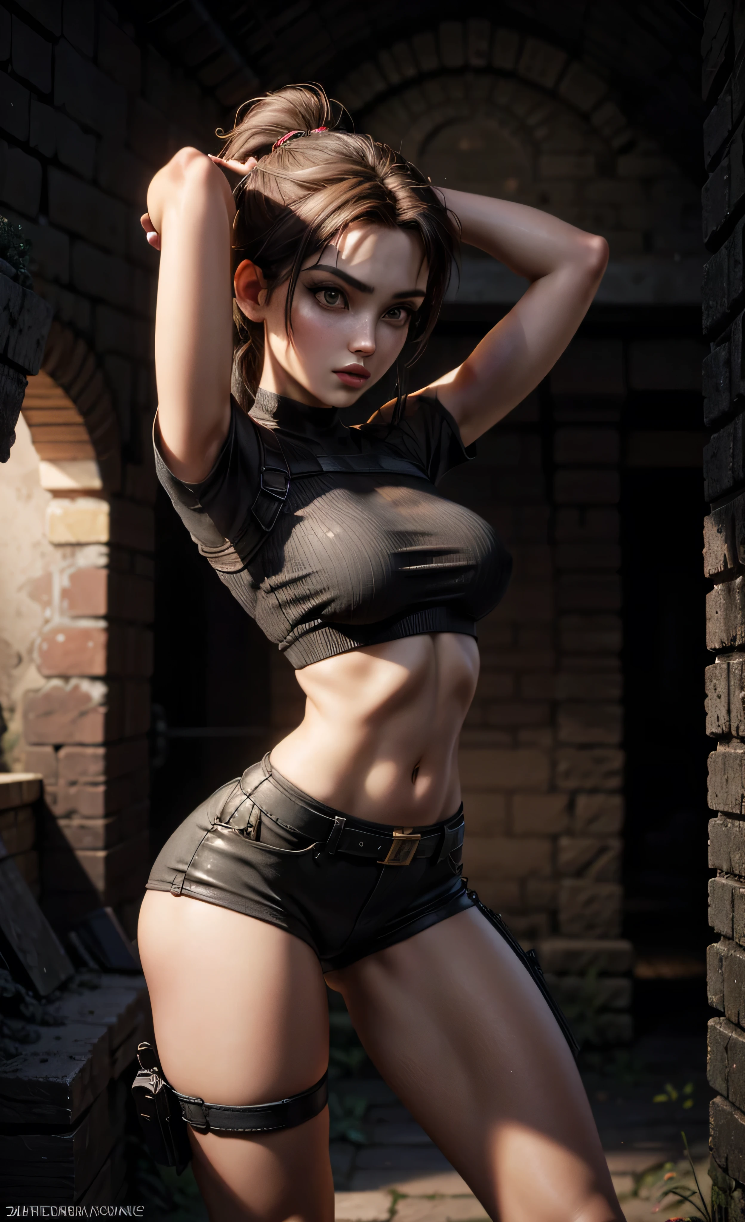 girl, yo, long black ponytail hair, narrow waist, sexy pose, legs, big boobs , tiny model body, in the catacombs, model shape, upper body, aestetic art, athletic body, hands up, short gloves,tight top, microshorts like a panties, tattoes, lara croft, belts, straps