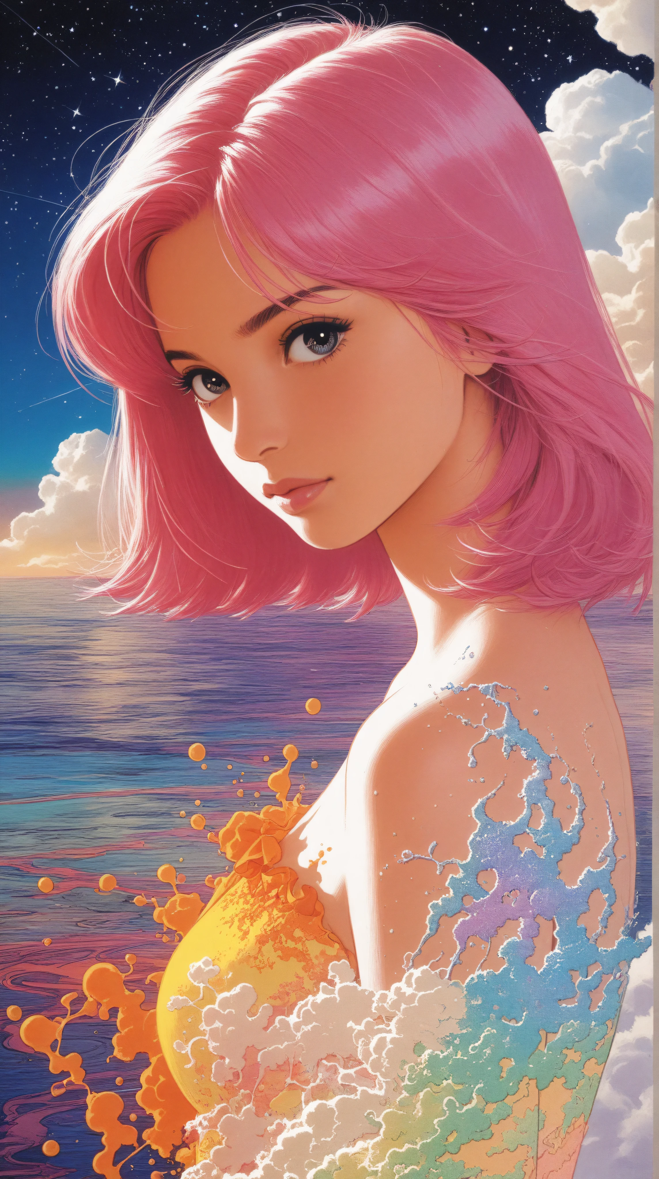 (Masterpiece, Top Quality, Best Quality, Watercolor (Medium), Official Art, Beautiful and Aesthetic: 1.2), (1 Girl: 1.3), (Fractal Art: 1.3), Morning, Good Morning, Smile,perfect body, Sunny Day, Cheerful, Look Viewer, Pattern, Wave, (Iridescent Hair, Colorful Hair: 1.2), Sky, Gas, Clouds, Colorful, Soap Bubbles