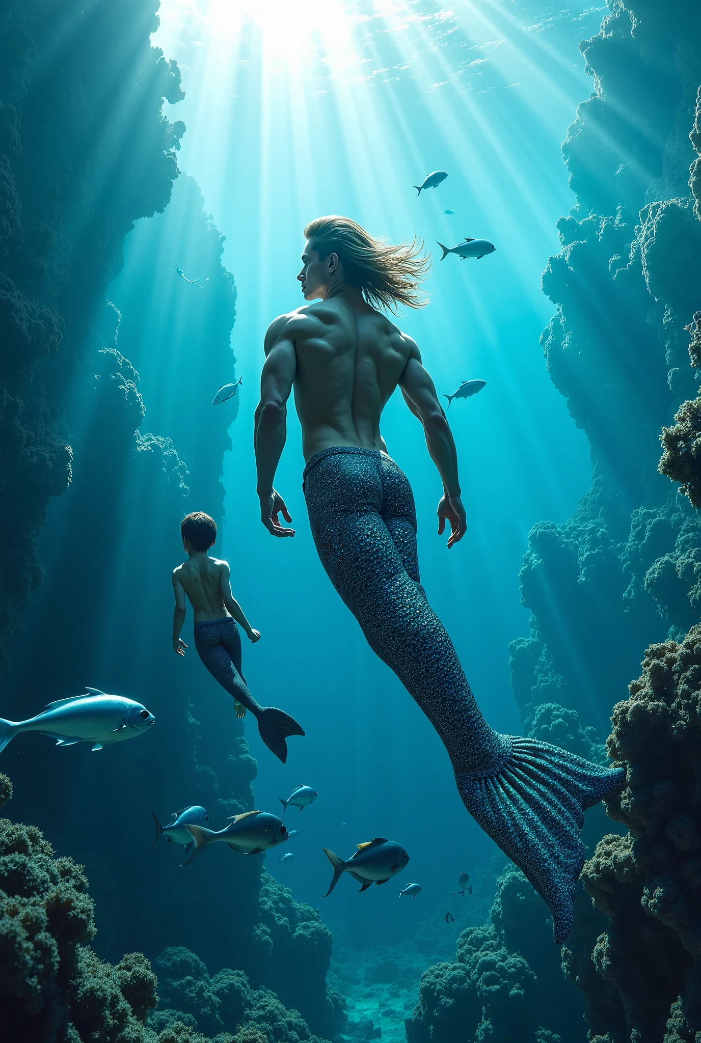 （Highest quality authentic textured skin),(abyssal), A muscular boy only wearing a small micro thong swims in the deep sea，alot of beautiful fishes around him, Delicate facial features，Burning bright and cold eyes，Sexy short beard，Strong body，Shirtless，Bronzed skin，musculous，(He had a mischievous smile on his face),brown  hair,(Dramatic photo:1.4),(flamboyant photo)，(Looking down),(A simple necklace hangs around his neck),(Hair flows in water),(Underwater, Marine life, Beautiful coral reef, Fish),(Vortices and tidal currents in the background),(Dramaticlight),(Magnificent scene),(Surrounded by beautiful fish),In the distant background is a temple submerged in a coral reef,the reef,Epic realism,Cinematic feeling,(high-density imaging review:1.5),(Soft color:1.2),Ultra detailed,Dramaticlight,(intricately details:1.1),the complex background, full body shot,