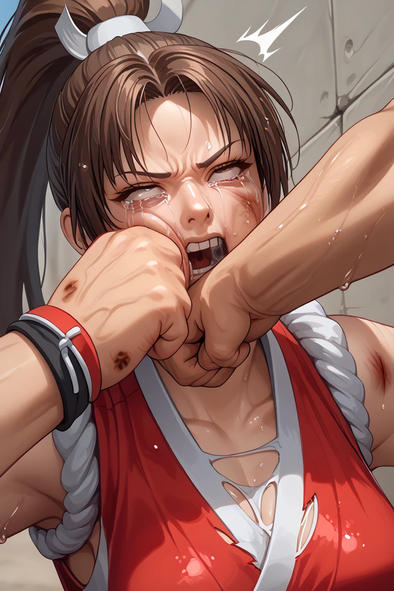 fulbody. a male streetfighter is grabing her hair from behind her. a bloody beautiful crying japanese female streetfighter is beated down in the backstreet. Her expression is sad. Blood is dripping from her nose. She is covered in scars and bruises. She's on all fours. she is damaged terribry. she was defeated. she lost the fight. she was knocked out. Short-cut black hair, out of breath, drooling from mouth, crying, exhausted, drenched in sweat. one eye closed, Erect nipples. open finger glove. Tattered sports bra and denim shorts