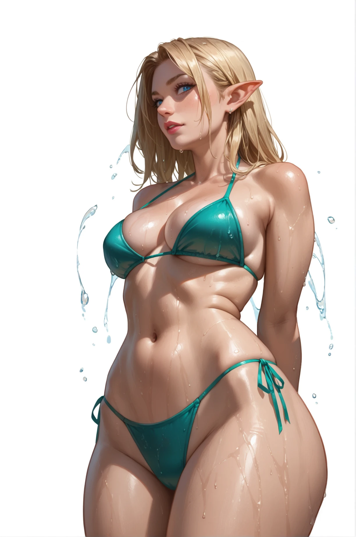 Beautiful woman in micro bikini, Covered in oil, Sparkling, Perfect and detailed appearance, 8K, masterpiece, Very detailed, Highest quality, (oily and slippery:1.9), Exactly, Sunburned, wild, Long white hair, (Browsing Caution:1.0)