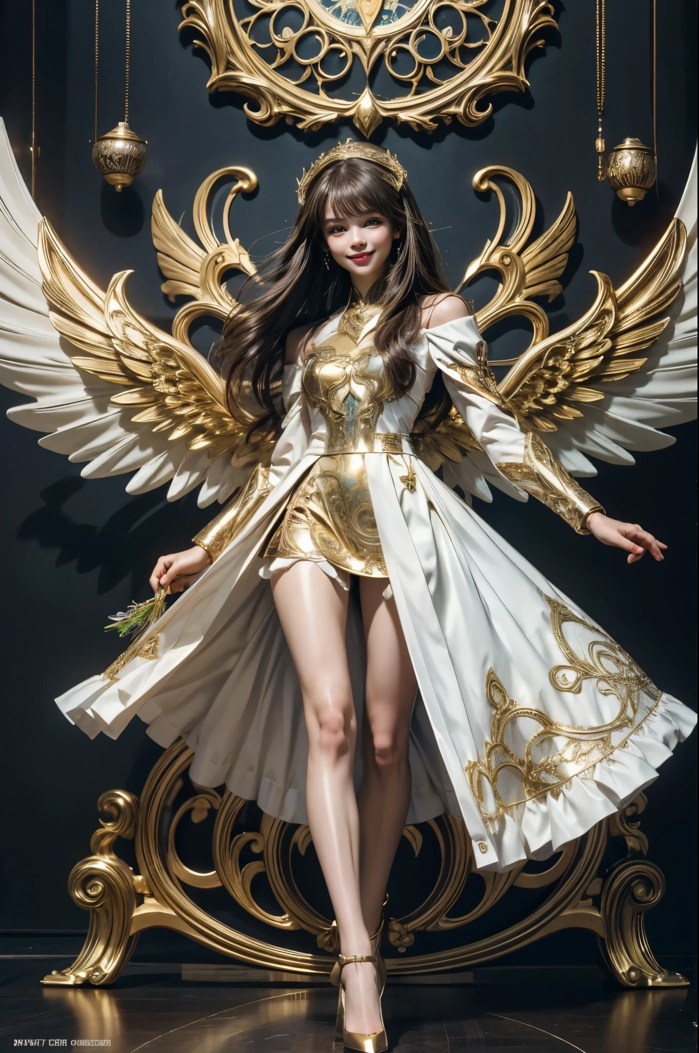 Cyborg, Girl, Beautiful girl, Cute, Sexy, Strong, Slender, Delicate, Smile, (ta costume), High legs, Metallic, ultra color, paisley, mandalas, Near future, Heaven, angel, feater, wing, Helix lamp, (The wings are symmetrically paired;1.5),