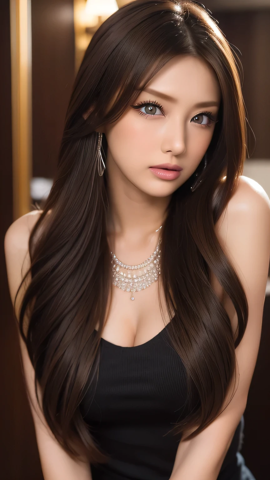 ( cowboy shot 、 top quality 、8k、 Award-winning work 、 Ultra high definition )、Beautiful sexy gal、( Show off your perfect body with a black sweater , Sexy Breasts:1.1)、Perfect eye contact、( blond:1.1)、 bright color contacts 、 Perfect Sexy Gal Makeup、sexy lips、moisturizing lip gloss 、Duck mouth lips、 long false lashes、( Perfect adult gal makeup :1.2)、( } dark brown beige around the eyes :1.1)、 beautiful bright eyeshadow 、 dark makeup 、( big breast:1.2)、 Very Long Wavy Hair 、(Romantic affection:1.1)、 、( Many women accentuate their body line ....:1.1)、( strongly blurry、 clear images of a night spent at a luxury hotel pool:1.1)、( strongly blurry background:1.1)、 accurate anatomy、 ultra HD hair、( perfect beautiful teeth in super high resolution :1.1)、 Ultra HD beautiful face 、 ultra HD hair、 See-Through Bangs、Ultra HD Shining Eyes、Brilliant ultra-high resolution beautiful skin 、 super high resolution glossy lips 、 Harry Winston necklace