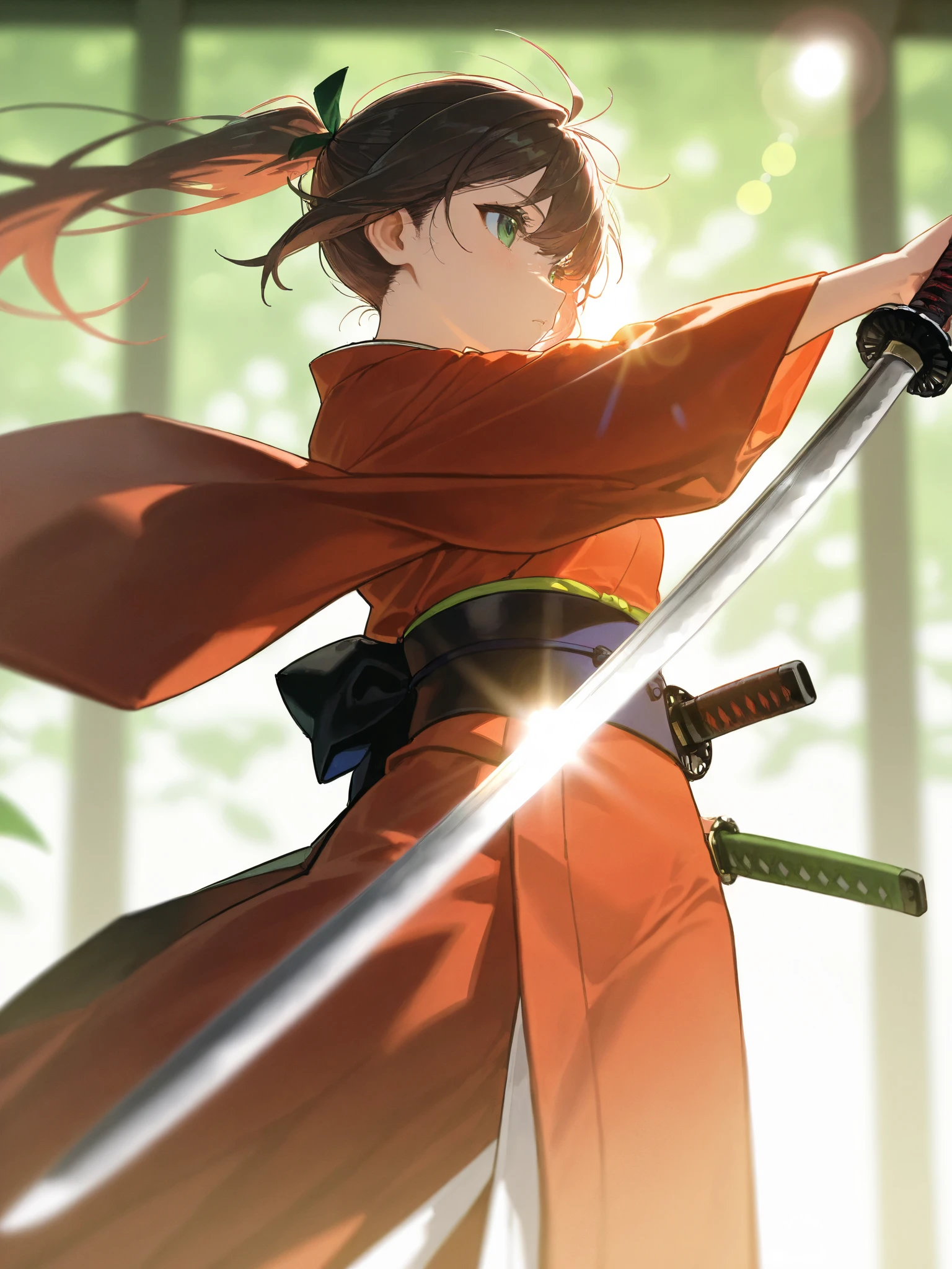 girl, red kimono ,( Japanese sword), Hi-Res,(greenいエフェクト),(green), scan line, lens flare, blur background,