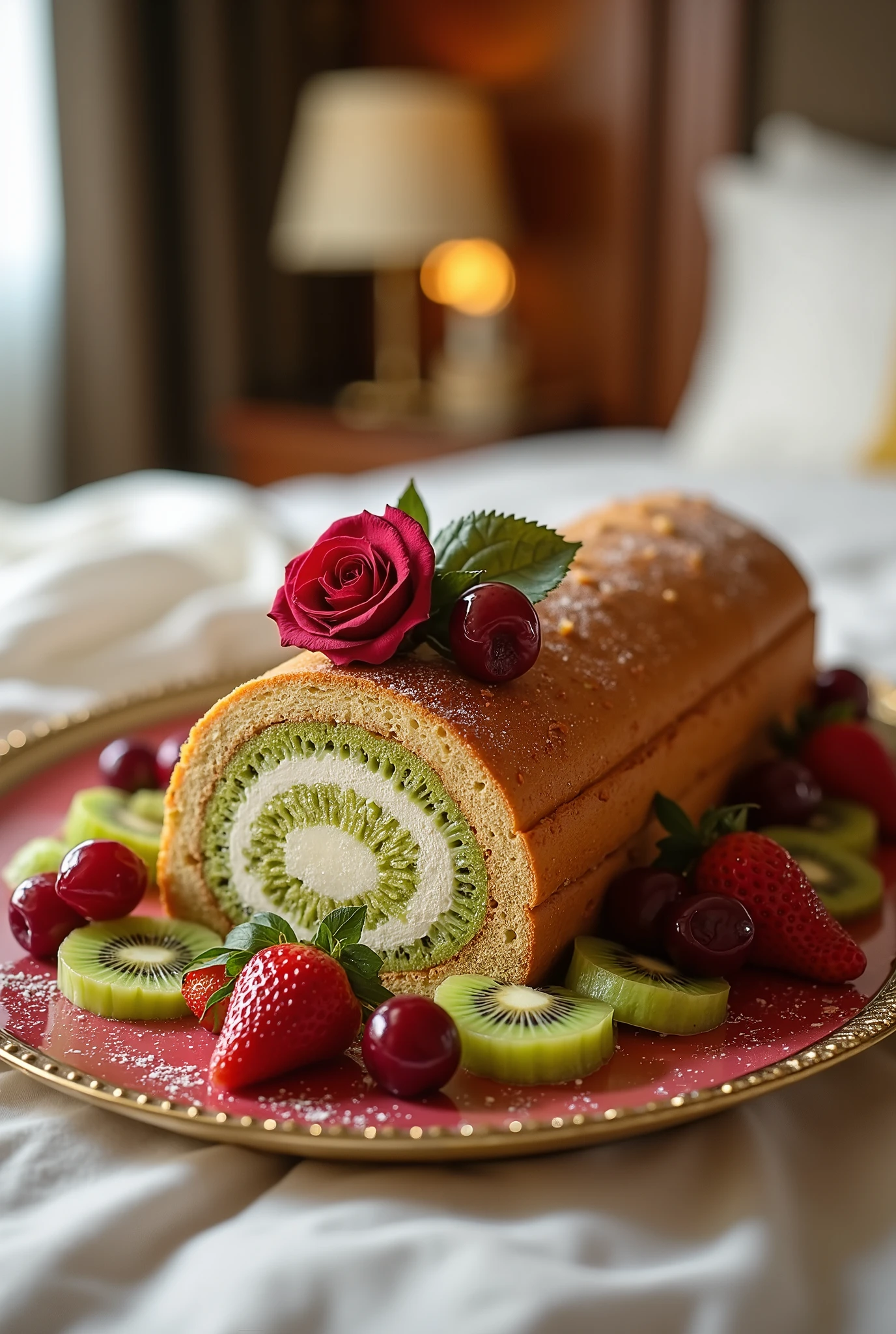 There is a beautiful large plate on the bed . Beautiful large pistachio log cake with peeled kiwi slices and strawberries The cake is decorated with creamy burgundy roses and cherries